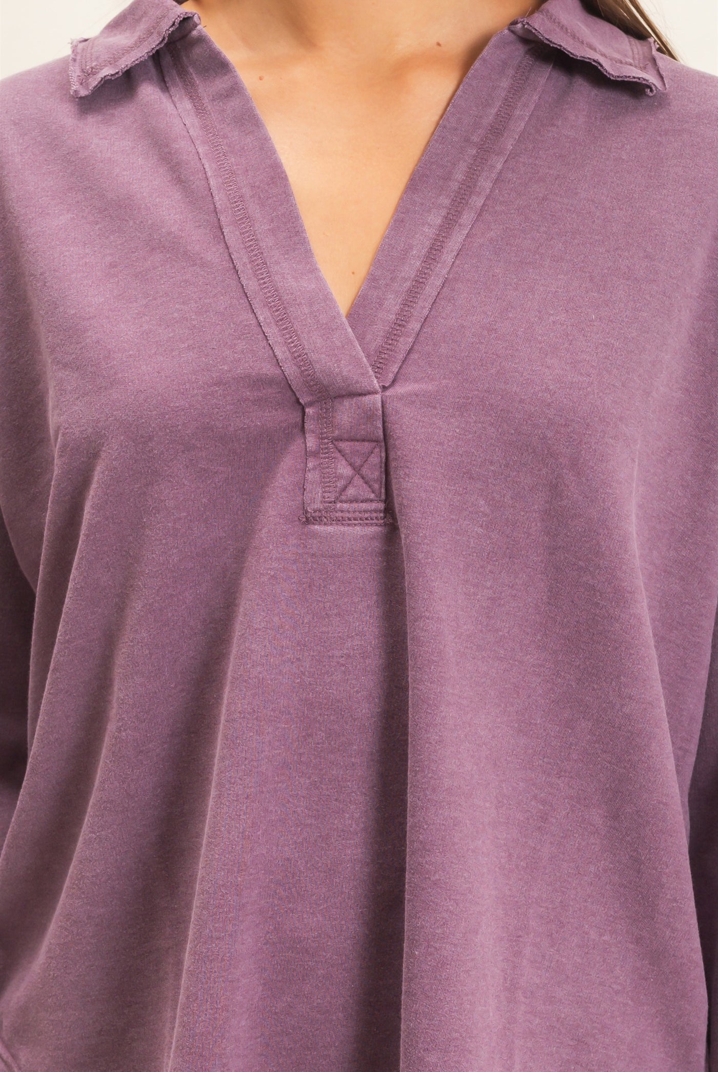 Wholesale Mineral Washed Polo Collar Long Sleeve Top Polos DZ26E887 DARK CHERRY DOUBLE ZERO