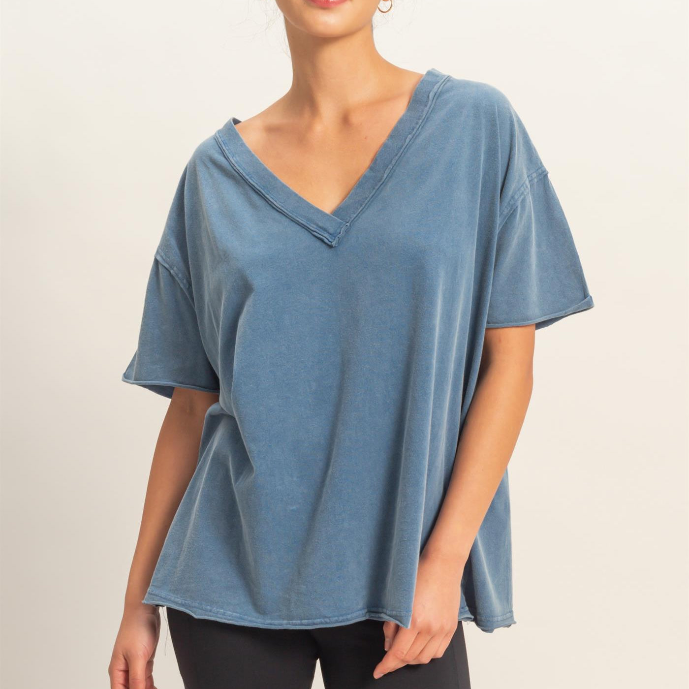 Wholesale Washed V-Neck Oversized Tee Clothing Tops DZ26A760 NAVY DOUBLE ZERO