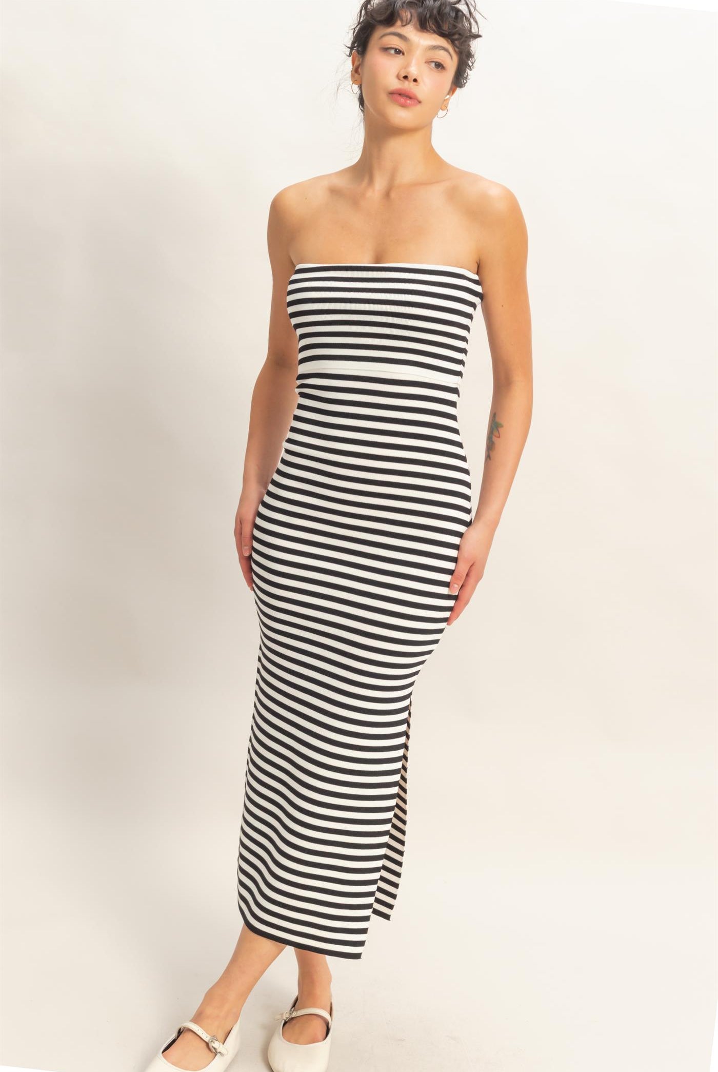 Wholesale Strapless Striped Bodycon Midi Dress Dresses DZ26C336 BLACK DOUBLE ZERO