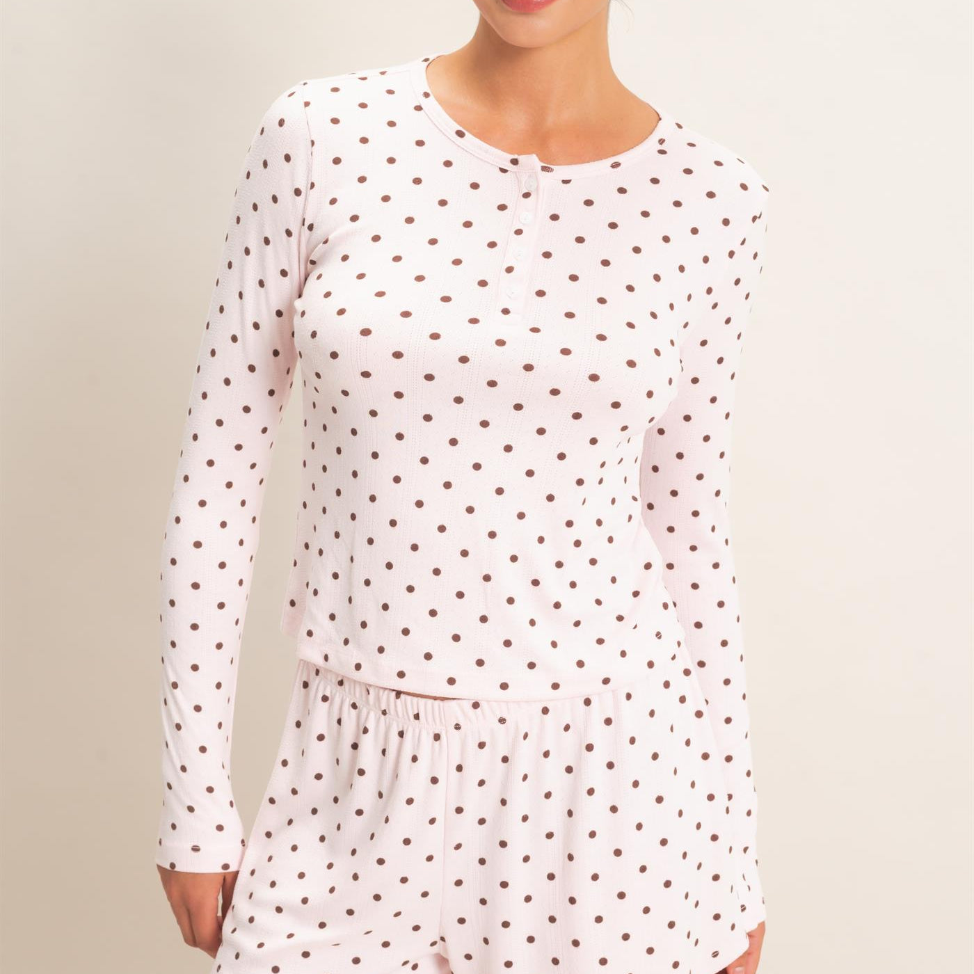 Wholesale Polka Dot Henley Long Sleeve Top & Shorts Set Clothing DZ27A154-SET LIGHT PINK DOUBLE ZERO
