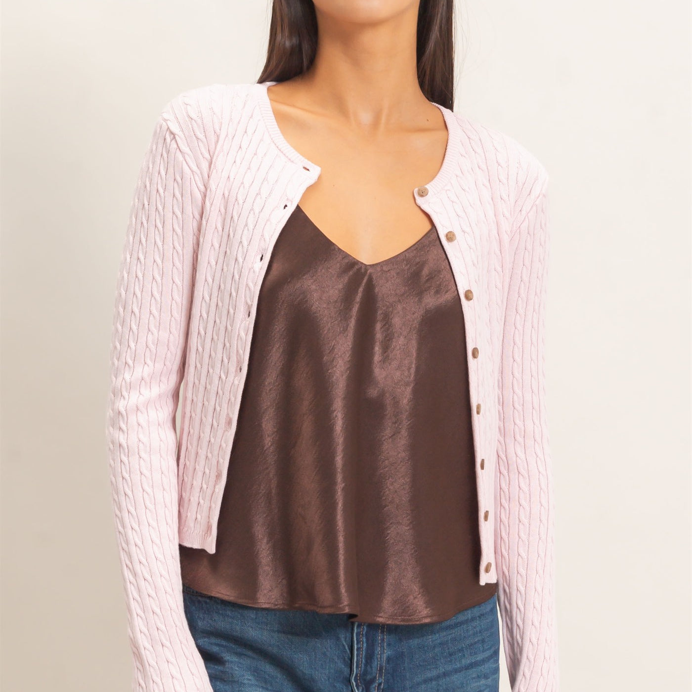 Wholesale Cable Knit Cardigan Cardigans DZ26E256 LIGHT PINK DOUBLE ZERO