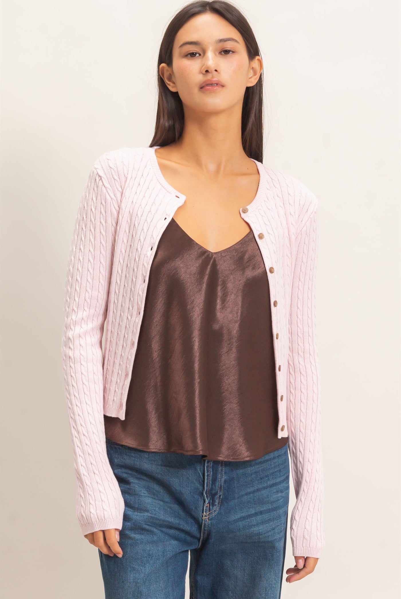 Wholesale Cable Knit Cardigan Cardigans DZ26E256 LIGHT PINK DOUBLE ZERO