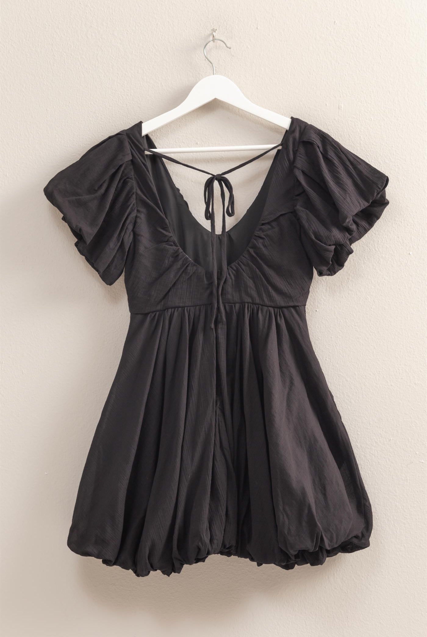 Wholesale V-Neck Puff Sleeve Flowy Mini Dress Dresses HF25A226 BLACK HYFVE