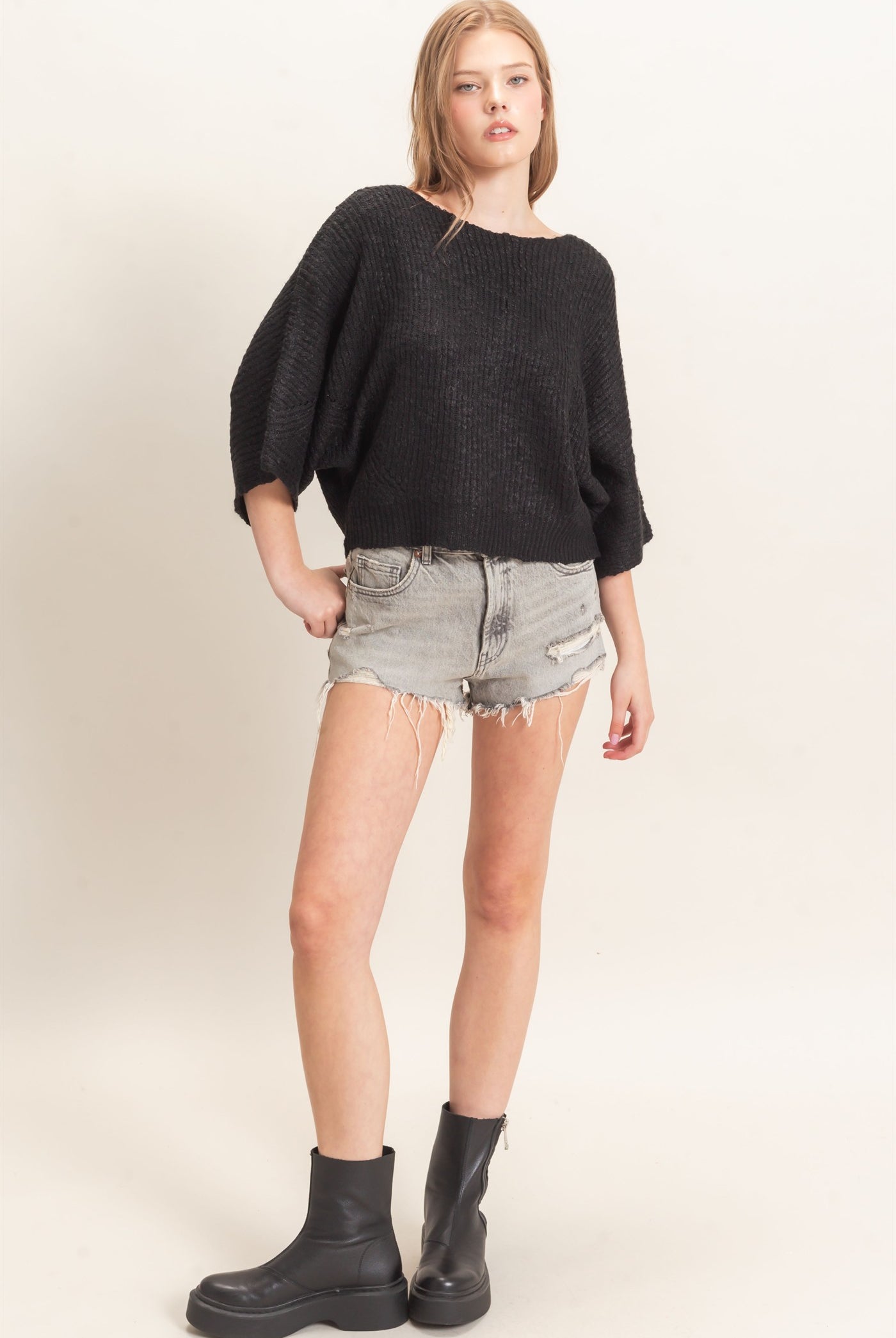 Wholesale Ribbed Boat Neck Sweater Sweaters HF26F201 BLACK HYFVE