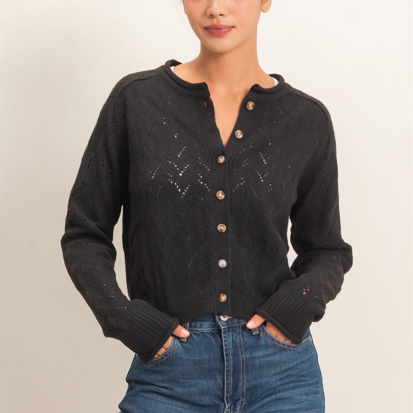 Wholesale Pointelle Knit Button Front Cardigan Cardigans DZ26C978 BLACK DOUBLE ZERO