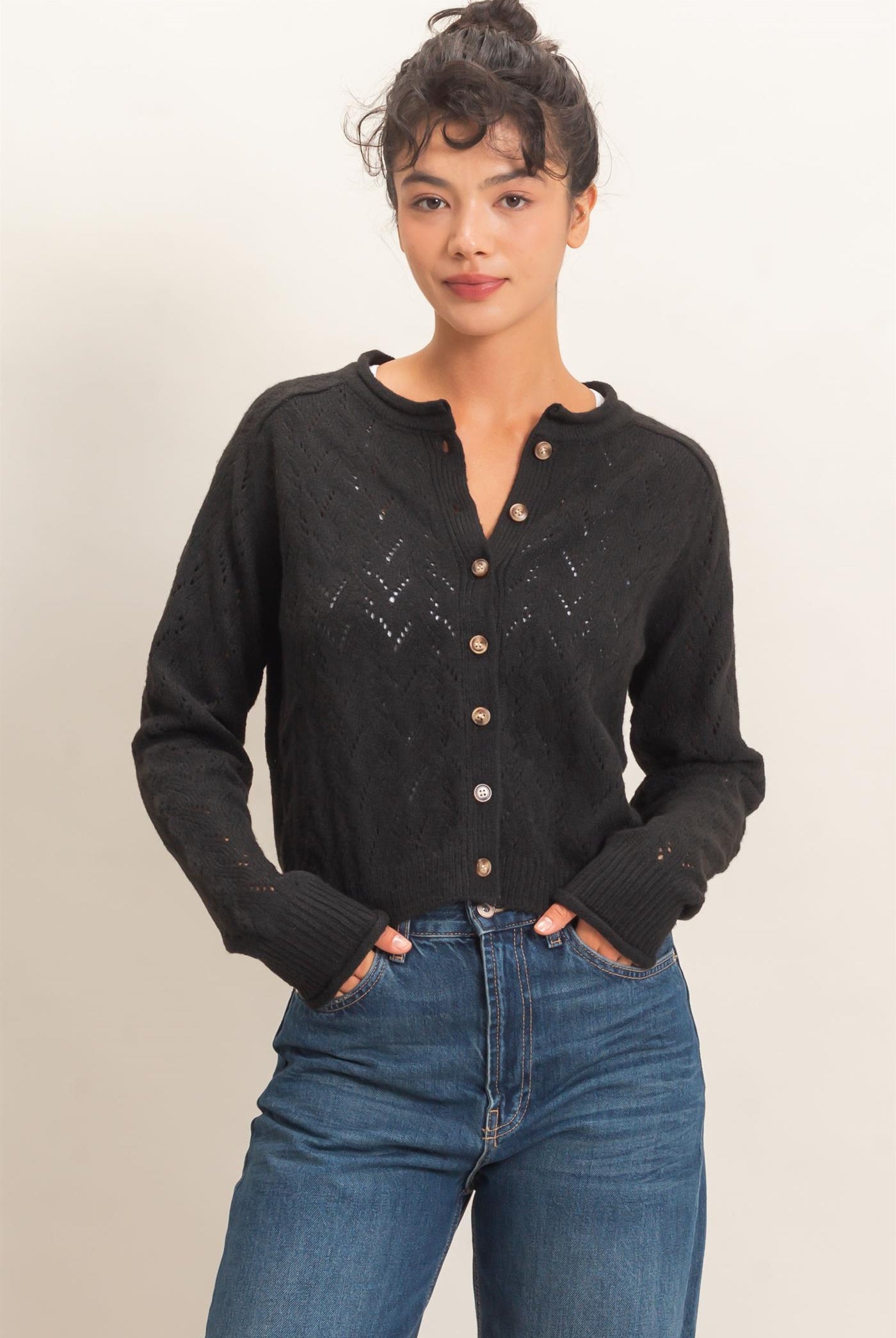 Wholesale Pointelle Knit Button Front Cardigan Cardigans DZ26C978 BLACK DOUBLE ZERO