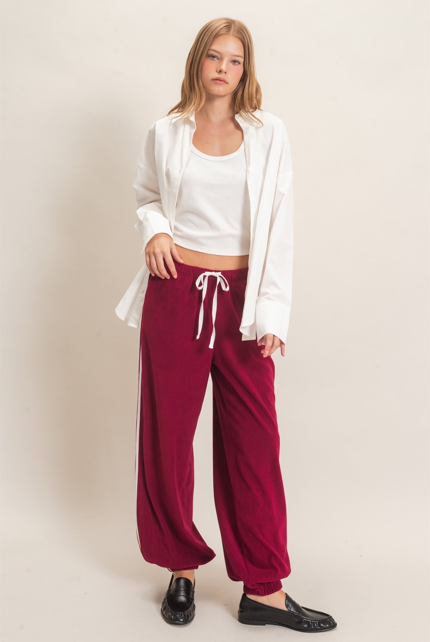Wholesale Drawstring Waist Jogger Pants Joggers HF26E424-D BURGUNDY HYFVE