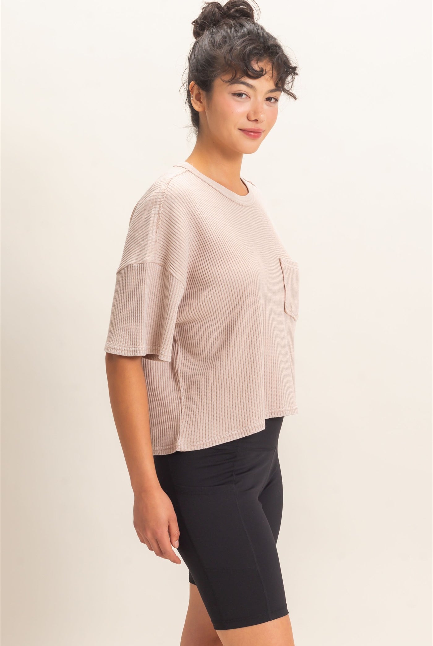 Wholesale Mineral Wash Waffle Knit Pocket Top Clothing Tops DZ26E222 DARK TAUPE DOUBLE ZERO