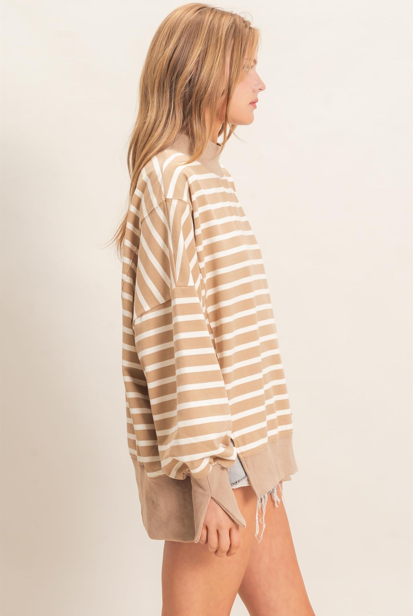 Wholesale Striped Mock Neck Sweatshirt Sweatshirts HF27A178-D TAUPE/CREAM HYFVE
