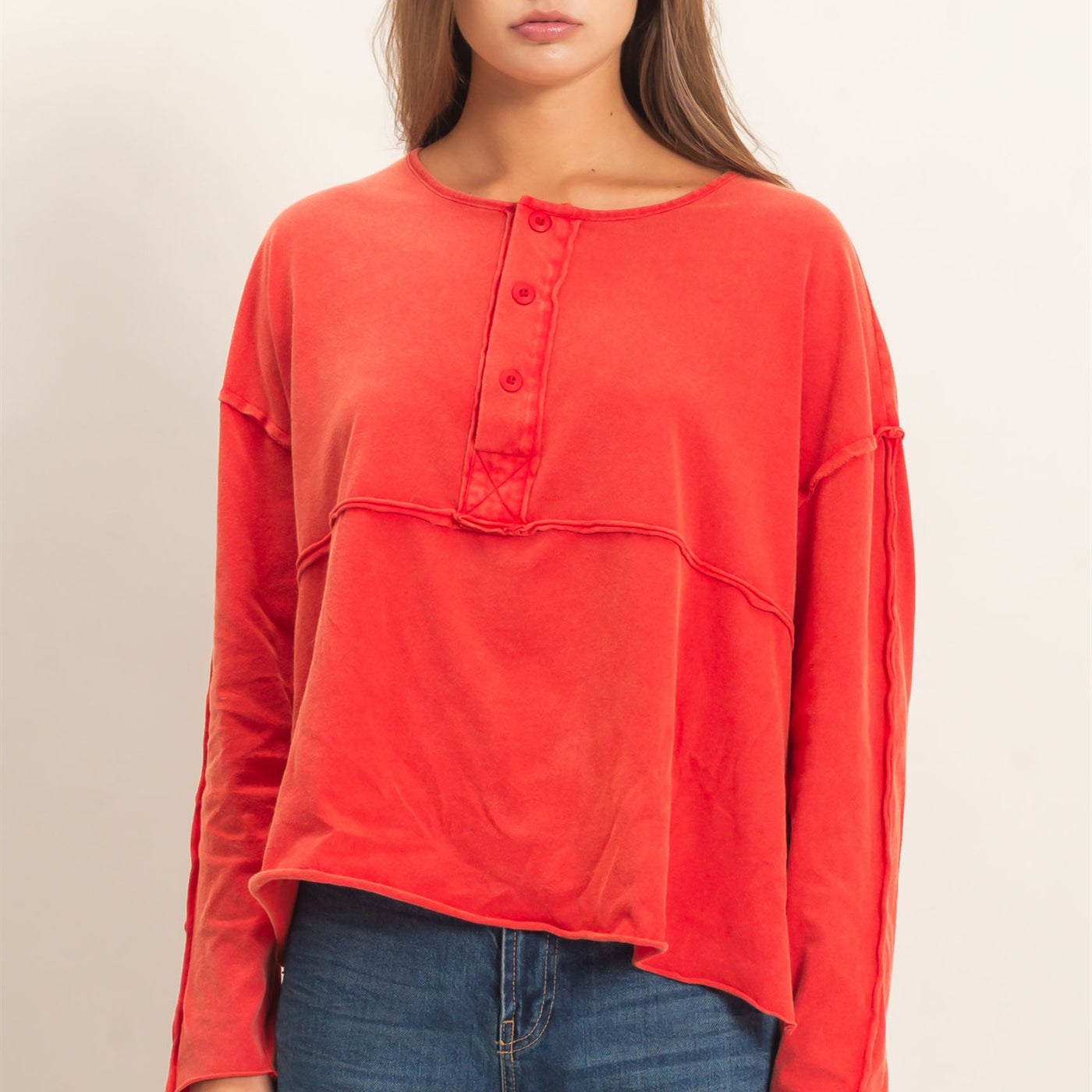 Wholesale Oversized Henley Top With Raw Edges Clothing Tops DZ26F128 RED DOUBLE ZERO