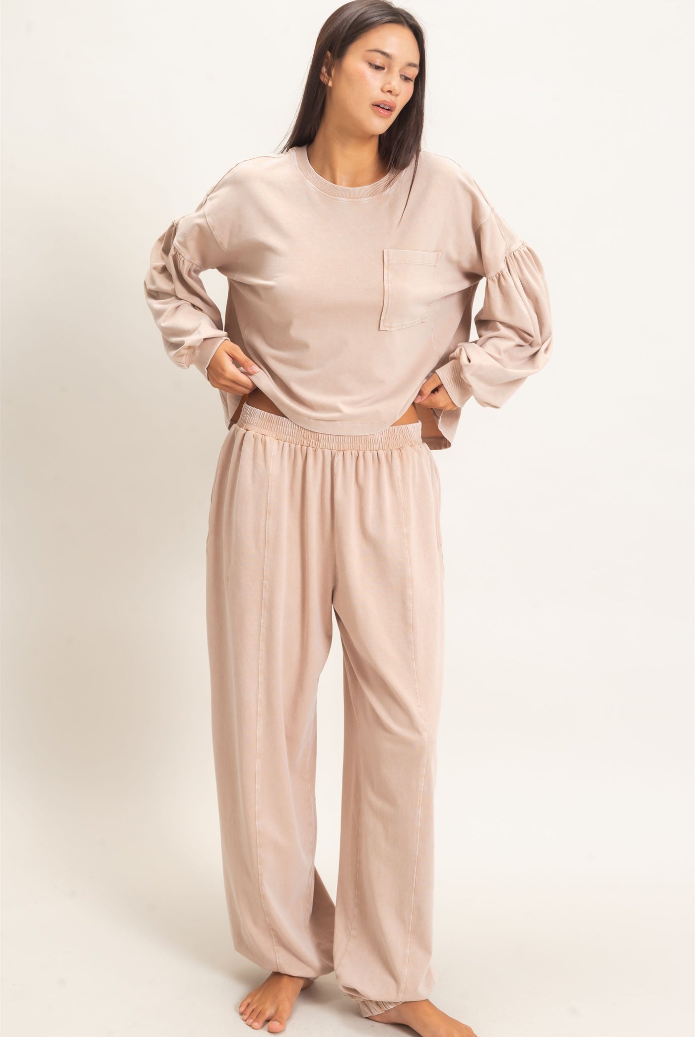 Wholesale Mineral Wash Elastic Waist Jogger Pants Joggers DZ26F405 DARK TAUPE DOUBLE ZERO