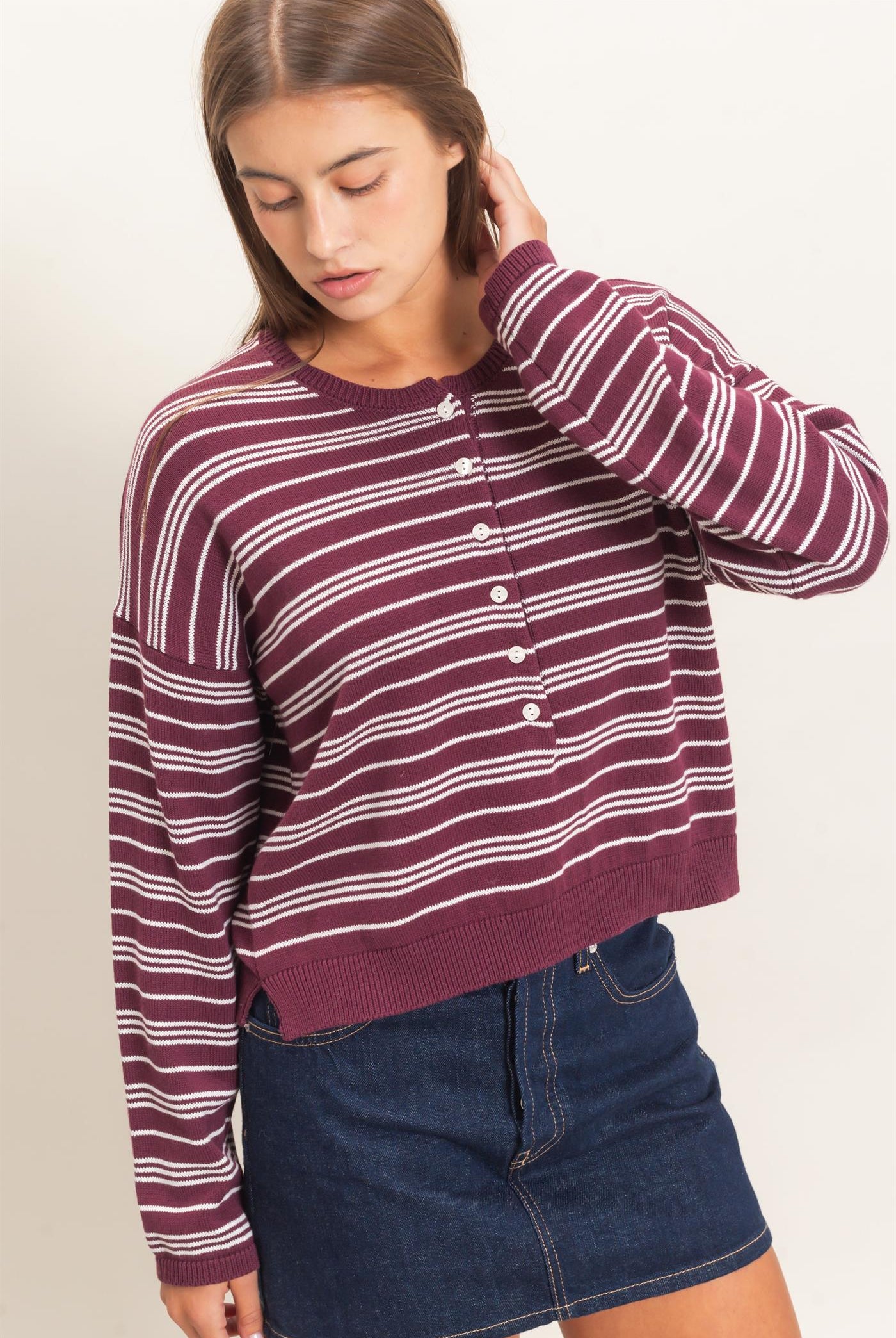 Wholesale Striped Henley Sweater Sweaters DZ26E113 DARK CHERRY DOUBLE ZERO