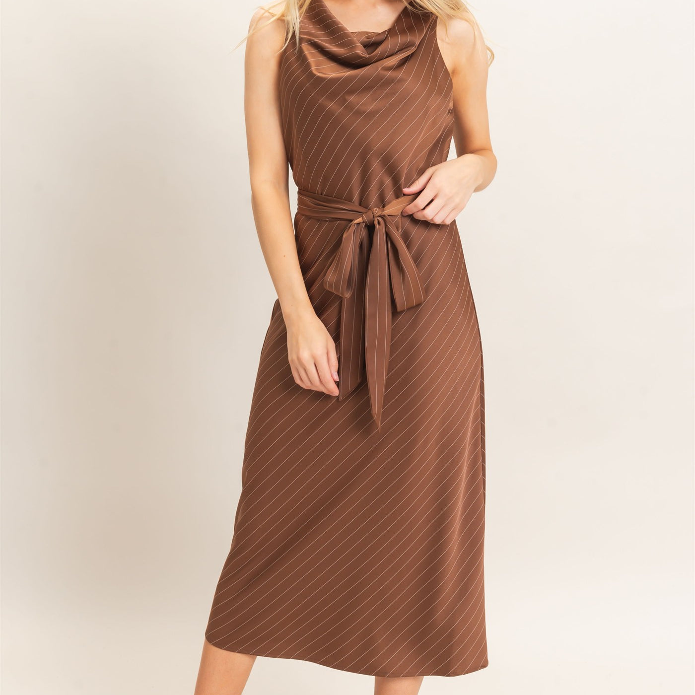 Wholesale Cowl Neck Sleeveless Belted Dress Dresses HF25E739 CHOCOLATE HYFVE