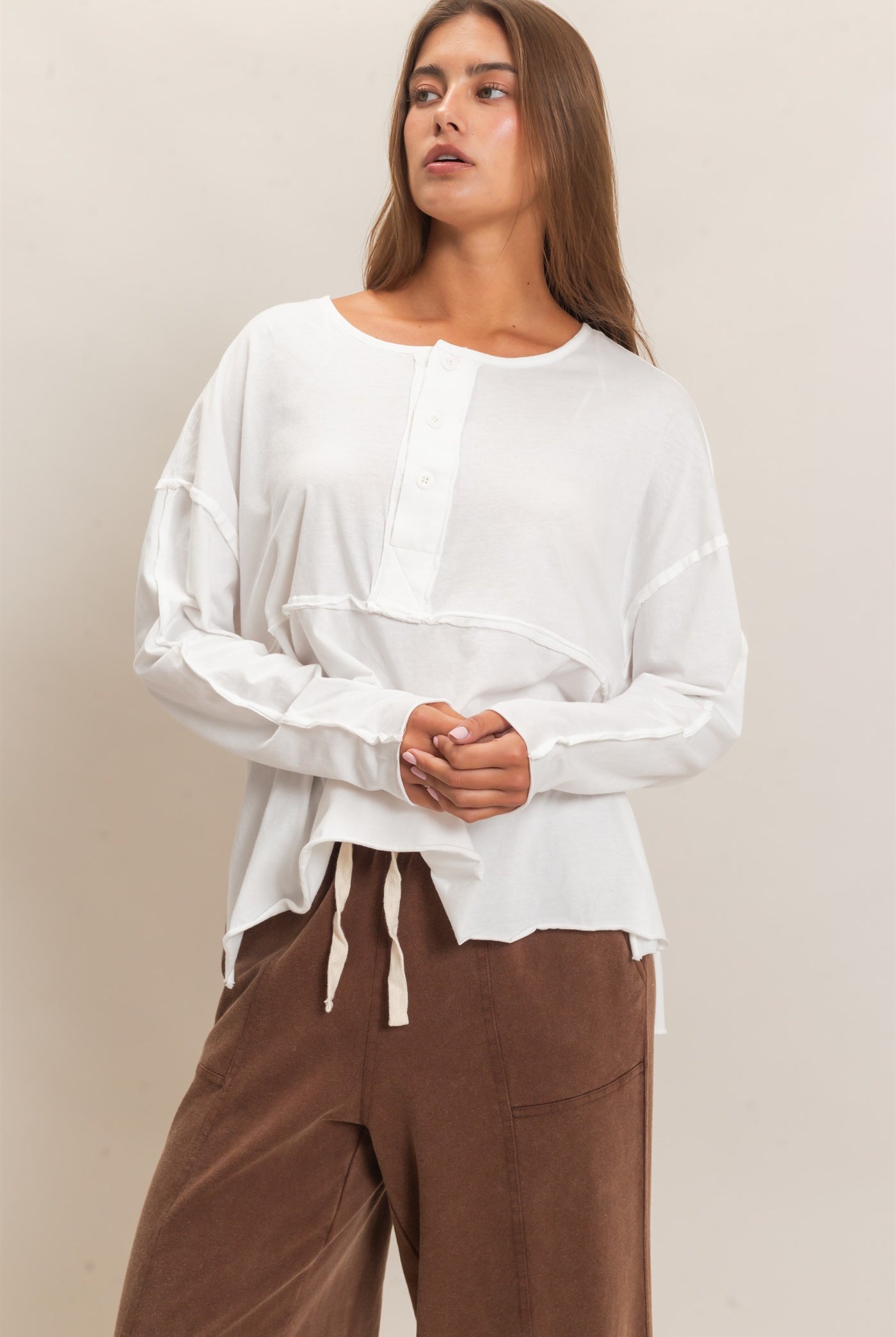 Wholesale Oversized Henley Top With Raw Edges Clothing Tops DZ26F128 WHITE DOUBLE ZERO