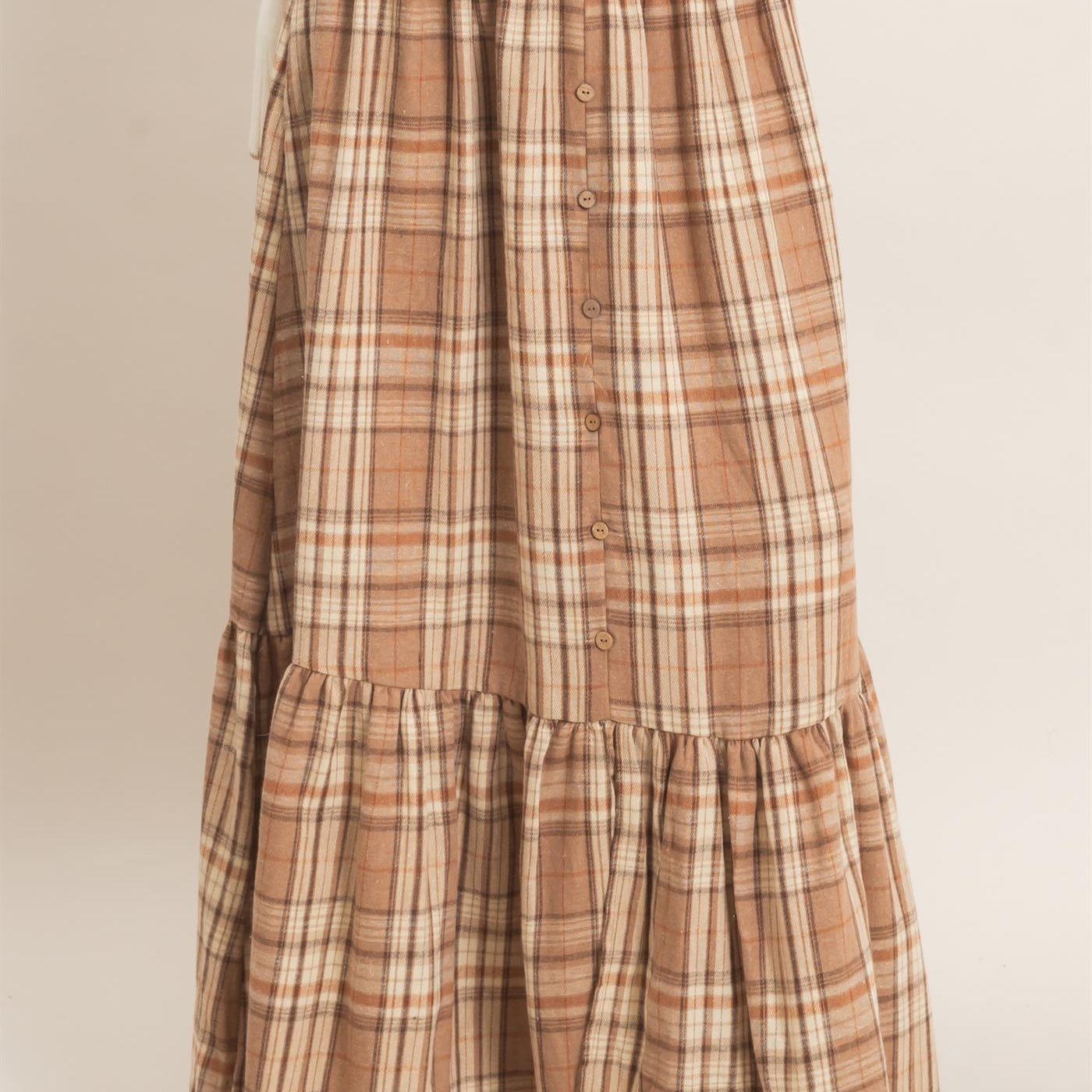 Wholesale Plaid Tiered Ruffle Skirt Skirts HF26E173 MOCHA HYFVE