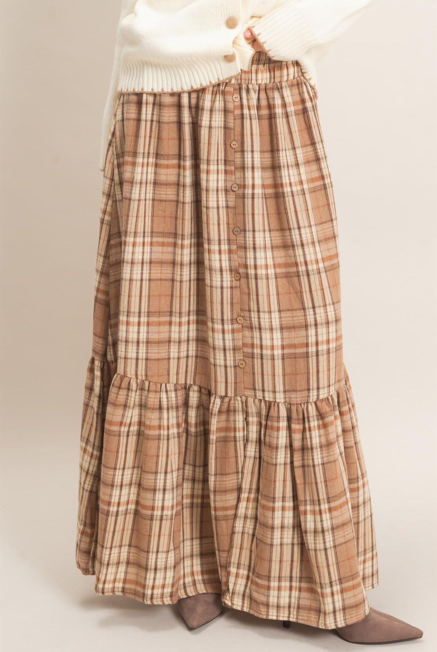 Wholesale Plaid Tiered Ruffle Skirt Skirts HF26E173 MOCHA HYFVE