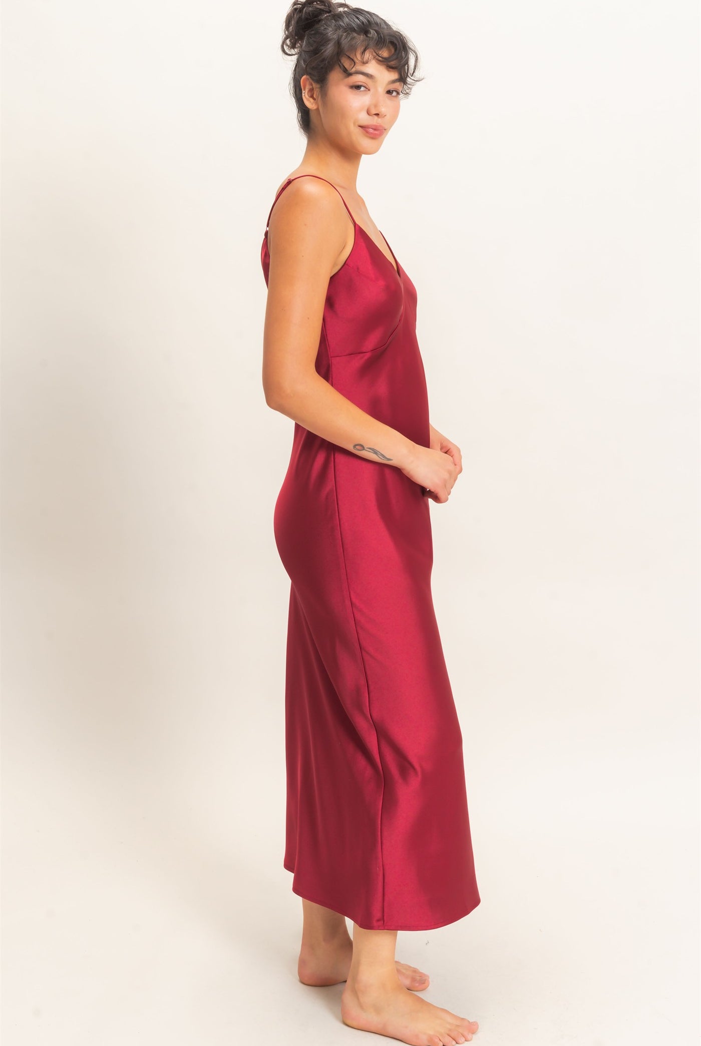 Wholesale Satin V-Neck Slip Dress Dresses DZ26E262 BURGUNDY DOUBLE ZERO