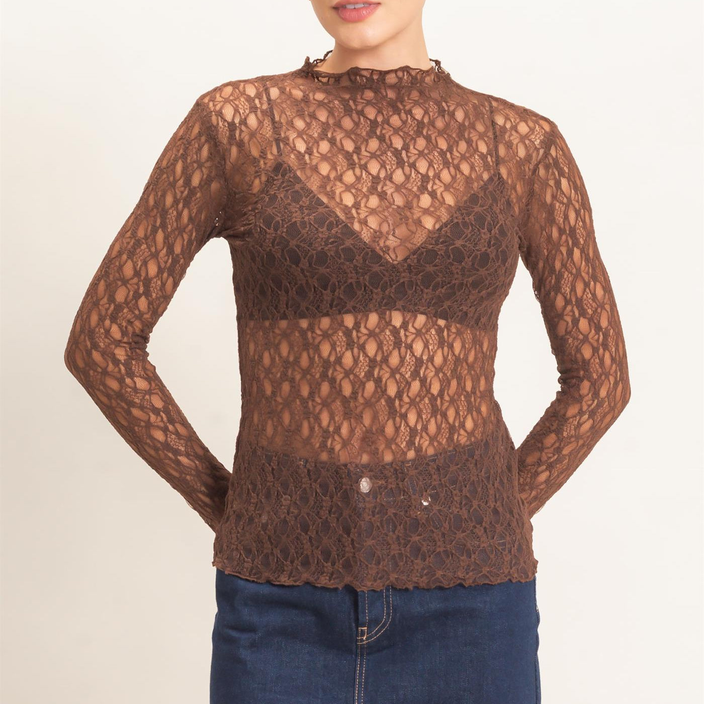 Wholesale Lace Mock Neck Long Sleeve Top Clothing Tops HF26E033-D CHOCOLATE HYFVE
