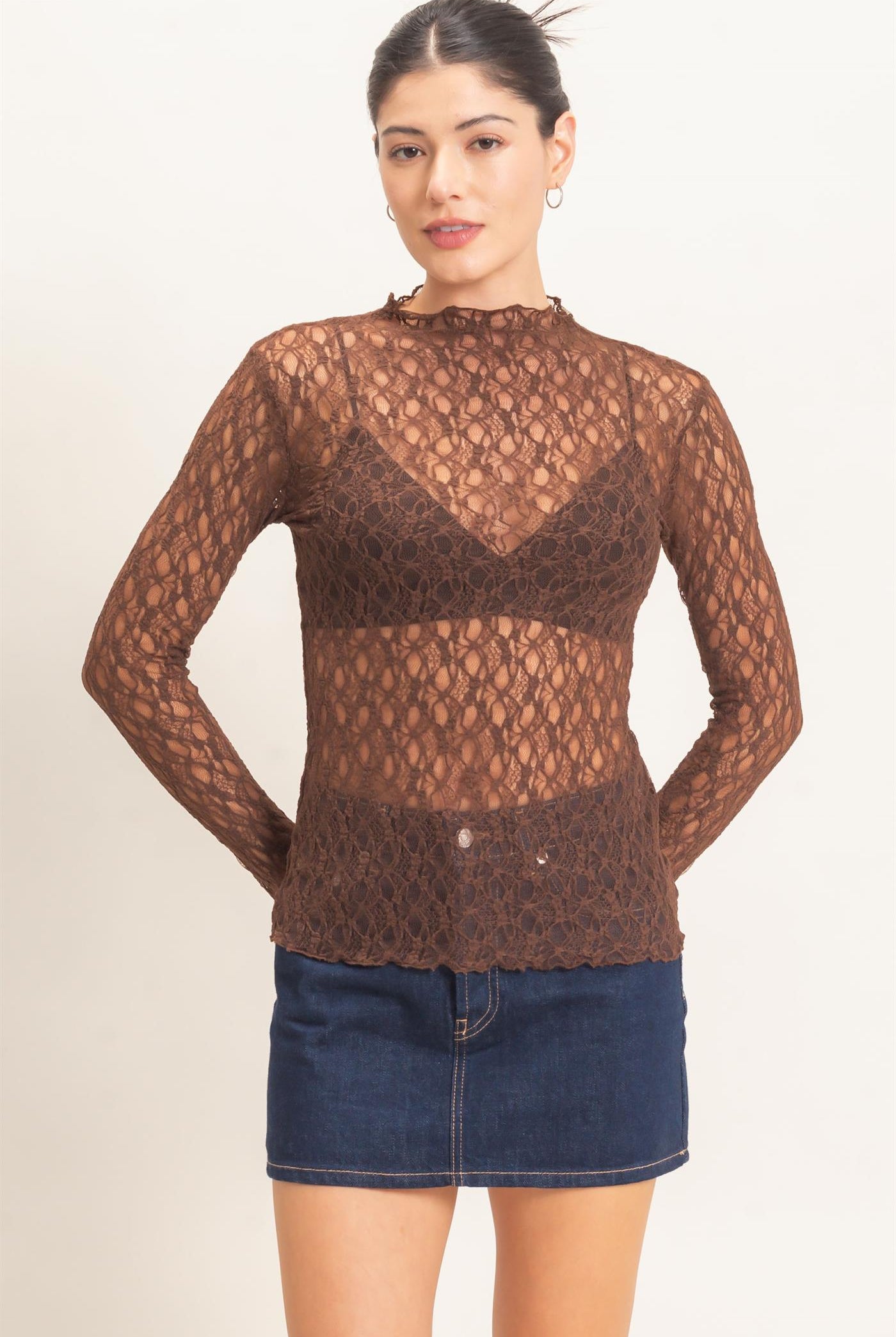 Wholesale Lace Mock Neck Long Sleeve Top Clothing Tops HF26E033-D CHOCOLATE HYFVE