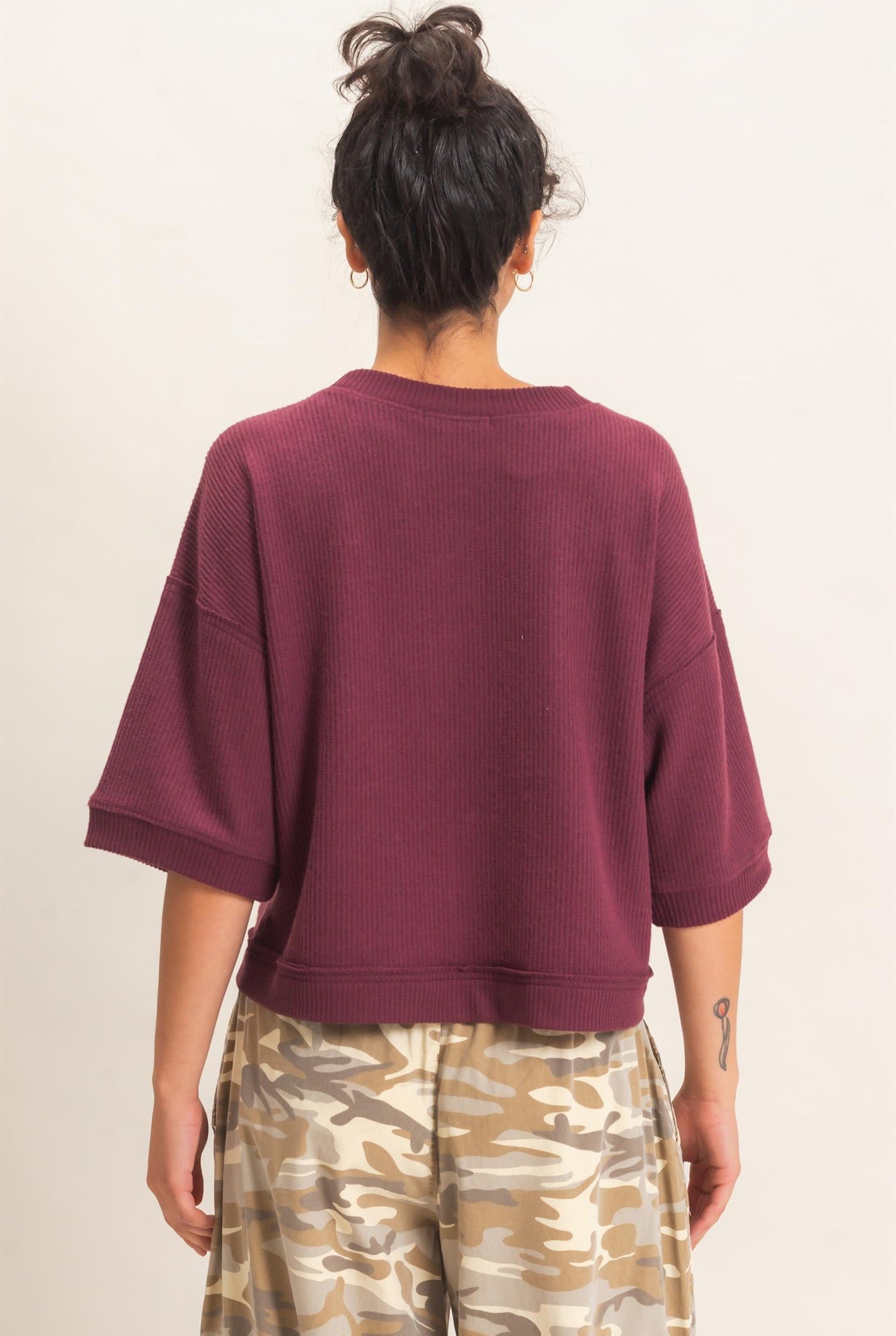 Wholesale Button-Down Short Sleeve Waffle Top Clothing Tops DZ26F244 DARK CHERRY DOUBLE ZERO