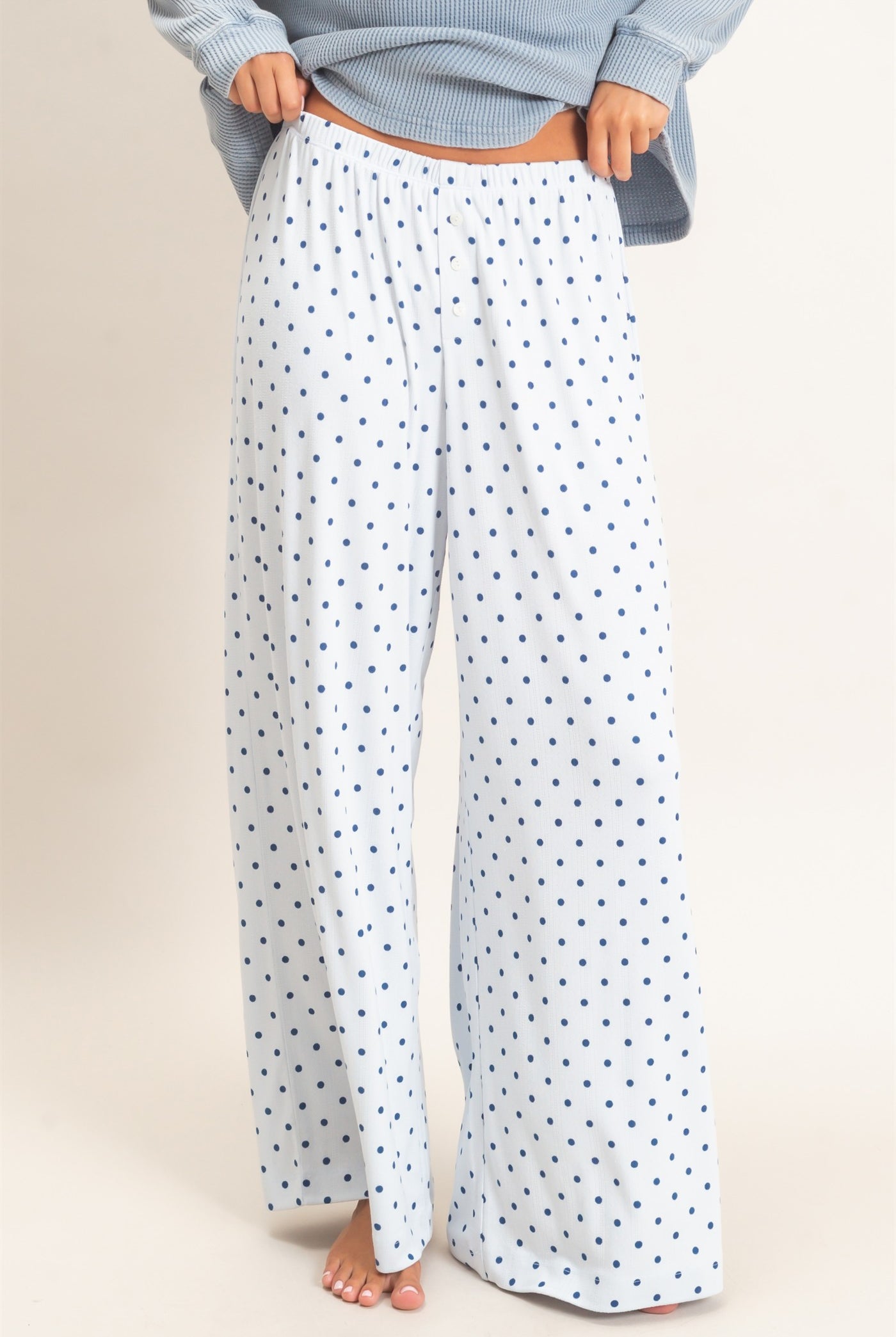 Wholesale Polka Dot Wide Leg Pants Pants DZ27A168 LIGHT BLUE DOUBLE ZERO
