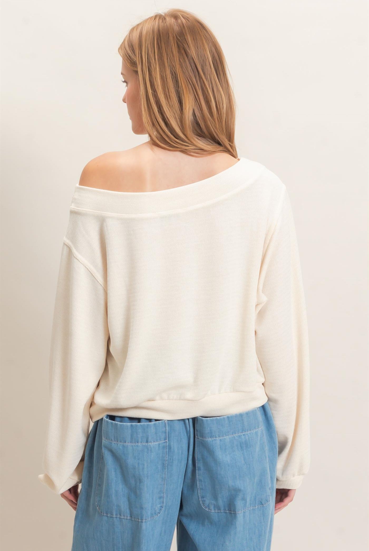 Wholesale Off Shoulder Knit Sweatshirt Blouses HF26F028 CREAM HYFVE