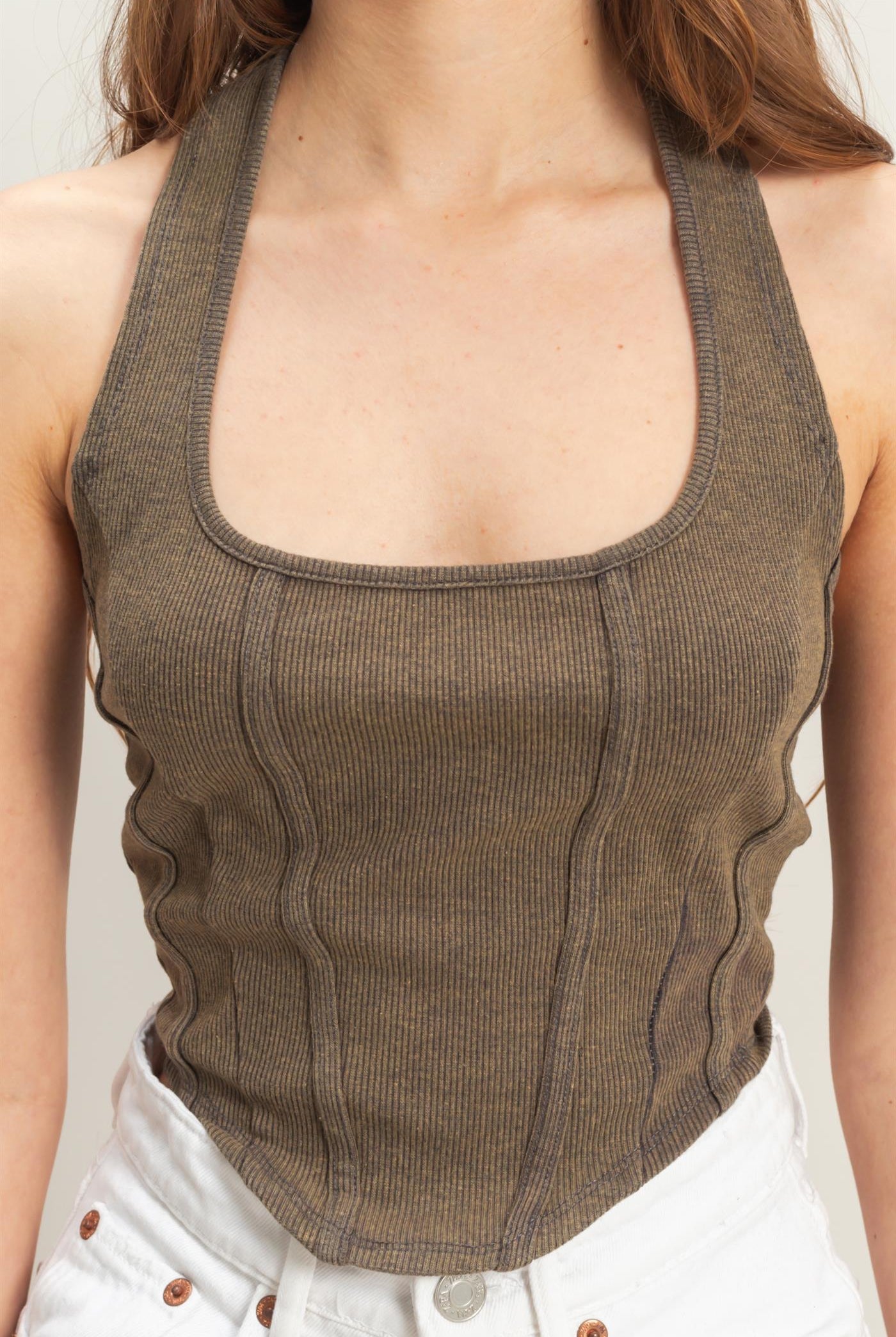 Wholesale Mineral Wash Halter Neck Everyday Top Clothing Tops HF25A060 CHARCOAL HYFVE
