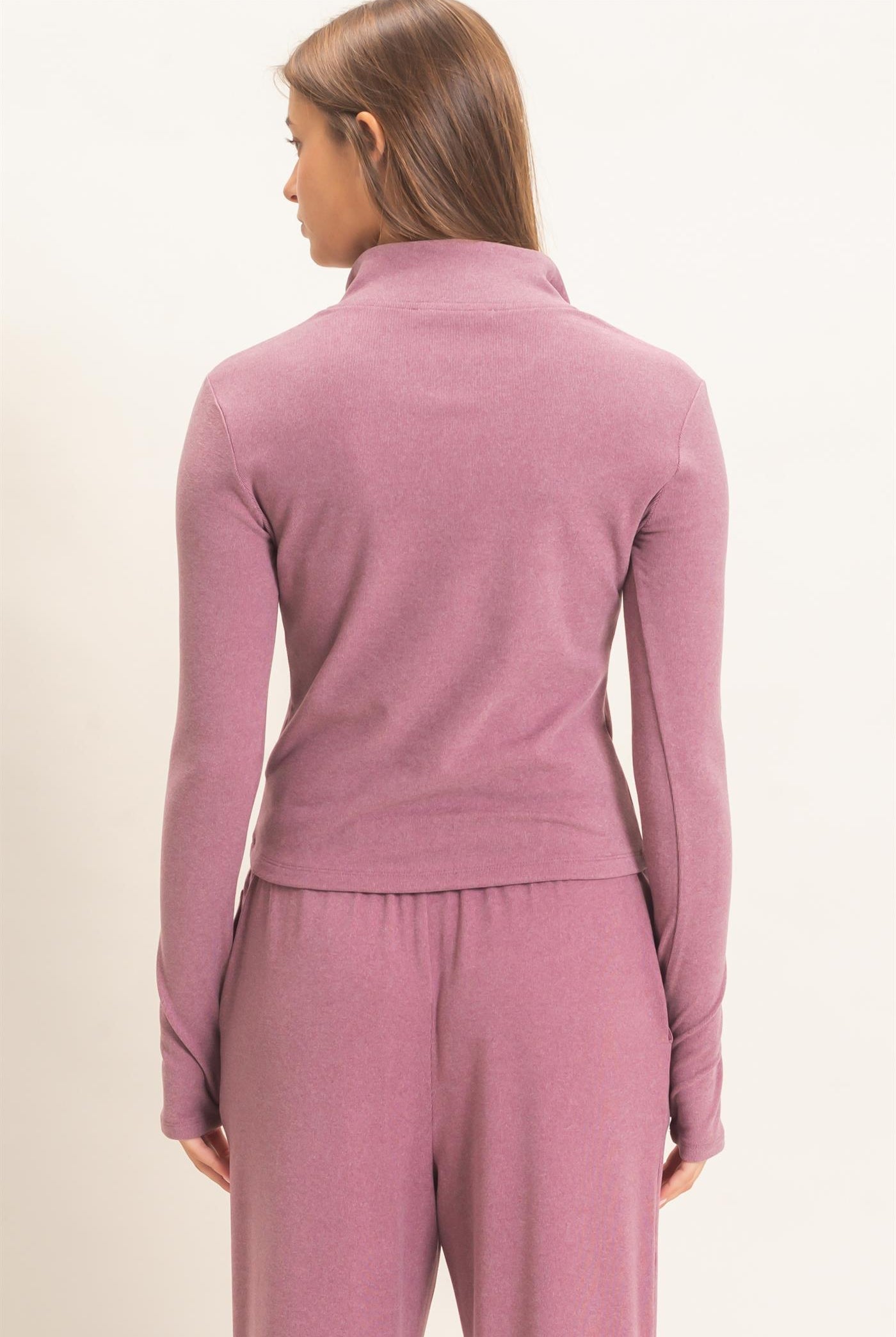 Wholesale Mock Neck Long Sleeve Zip Up Top Clothing Tops DZ26E911 PLUM DOUBLE ZERO