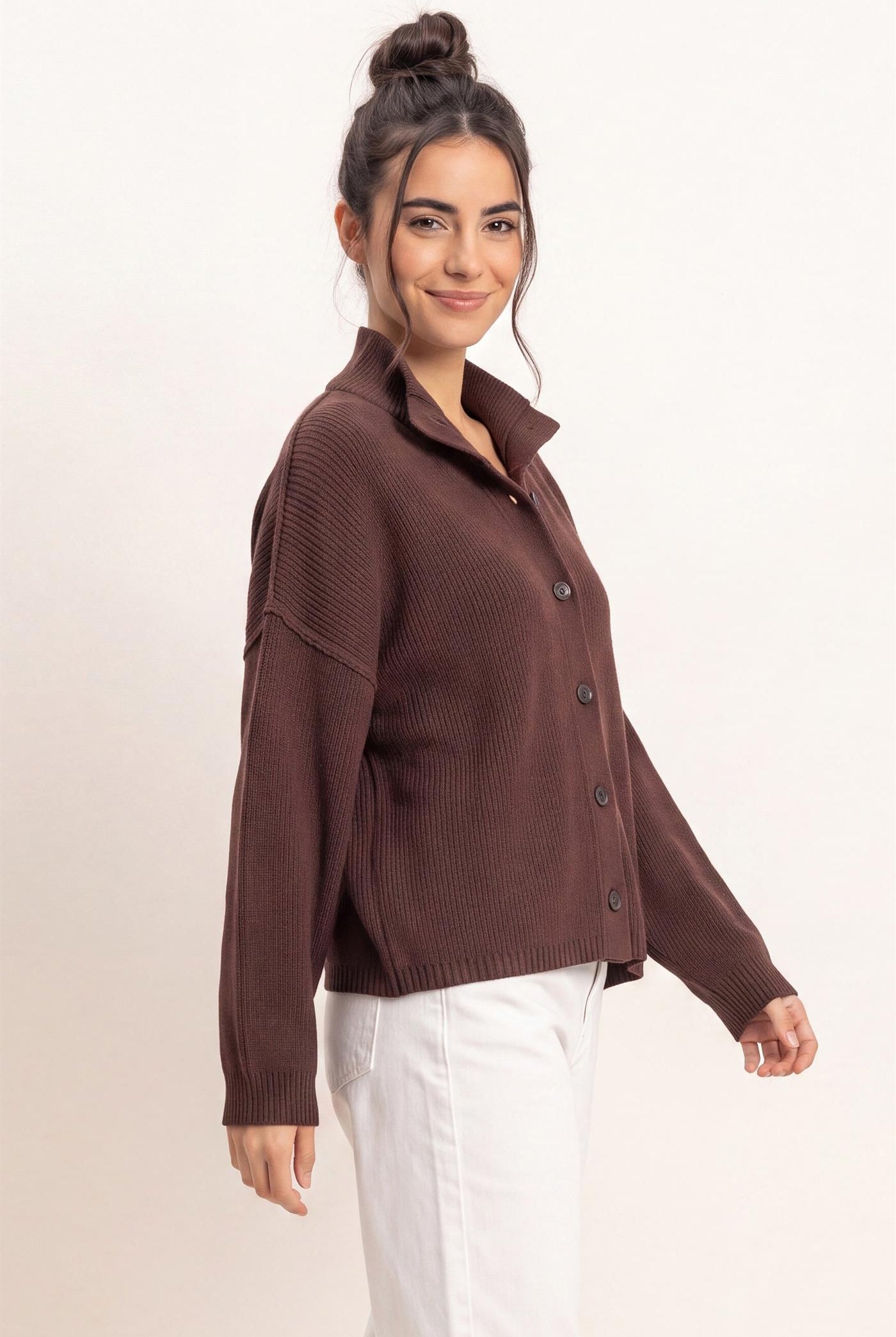 Wholesale High Neck Oversized Cardigan Cardigans DZ26E280 DARK BROWN DOUBLE ZERO