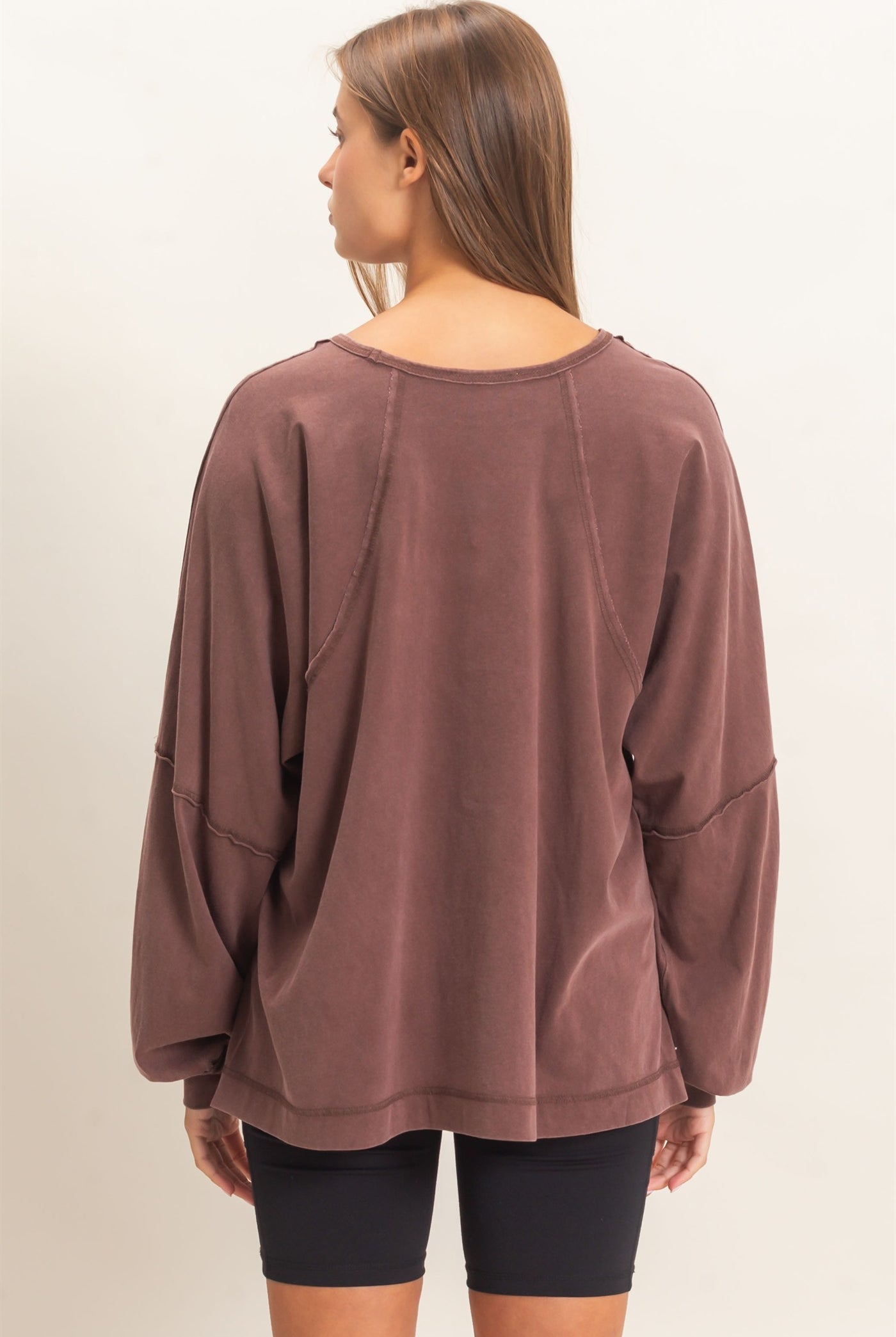 Wholesale Raglan Sleeve Snow Wash Top Shirts DZ26E945 DARK BROWN DOUBLE ZERO