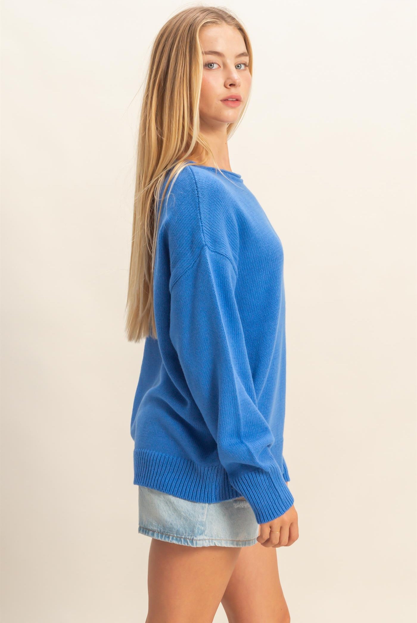 Wholesale Oversized Rolll Neck Knit Sweater Sweaters DZ25E908 OCEAN BLUE DOUBLE ZERO