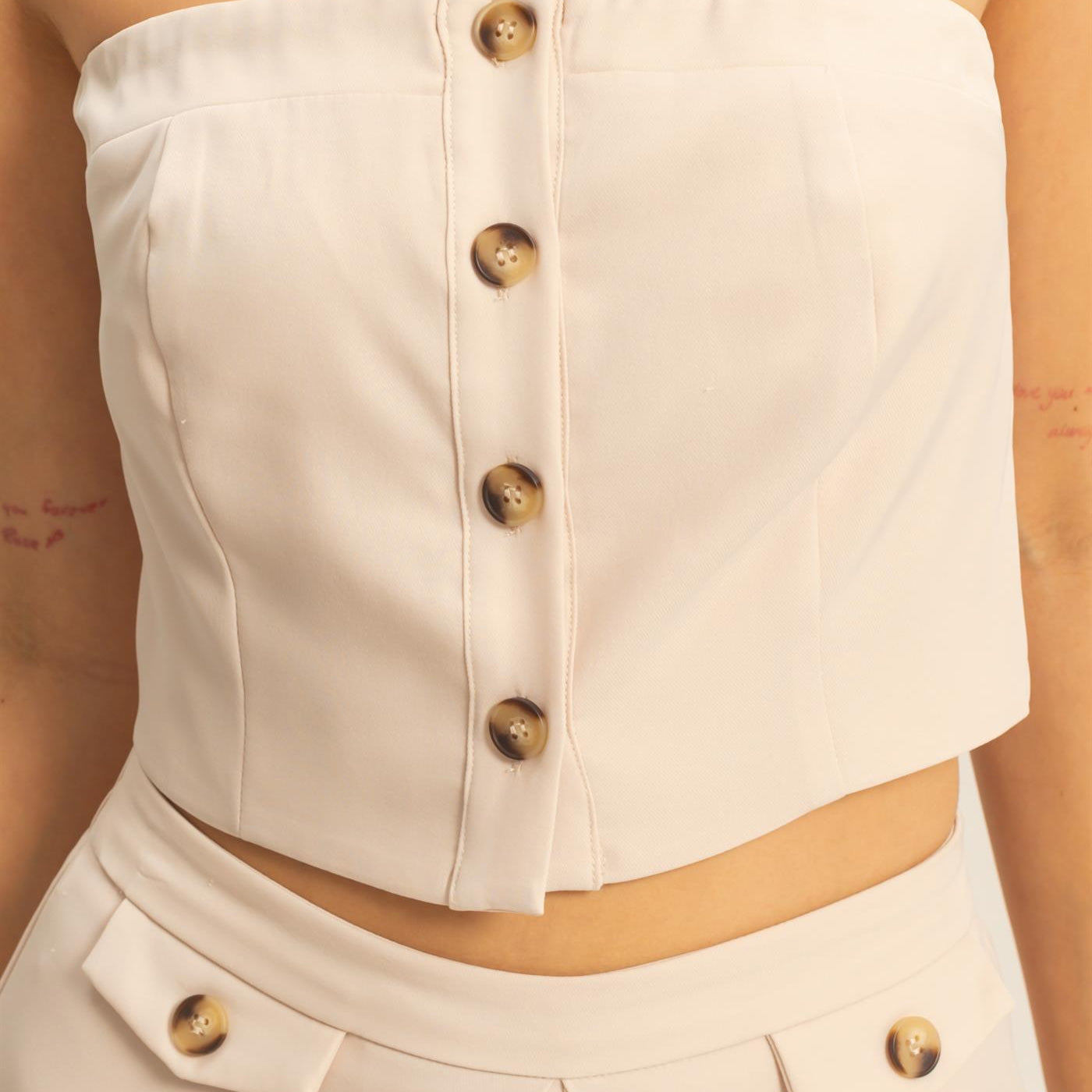 Wholesale Strapless Buttoned Top And Pants Set Clothing HF25E017-SET BEIGE HYFVE