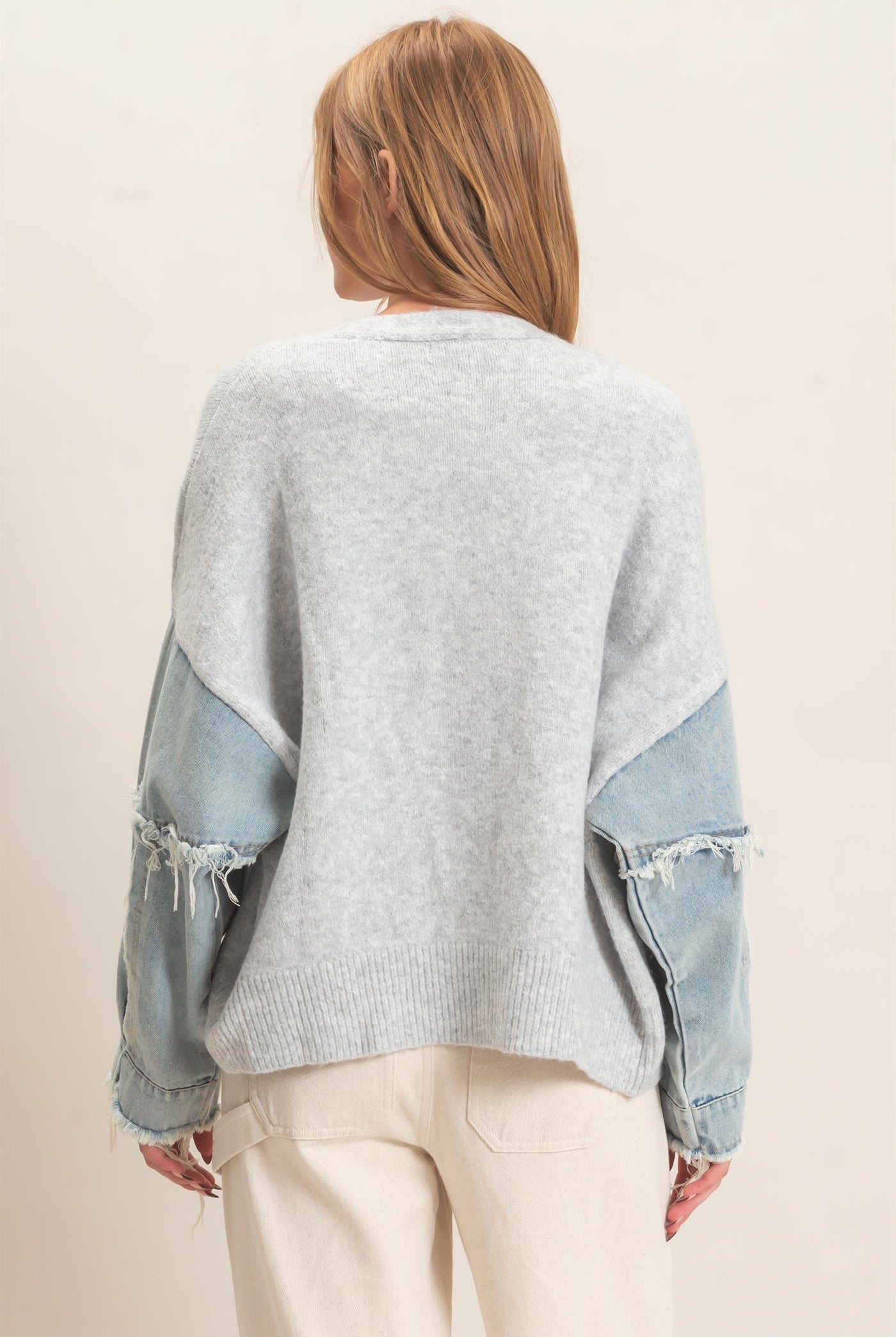 Wholesale V-Neck Cardigan With Distressed Denim Sleeves Cardigans HF26E838 LIGHT GRAY HYFVE