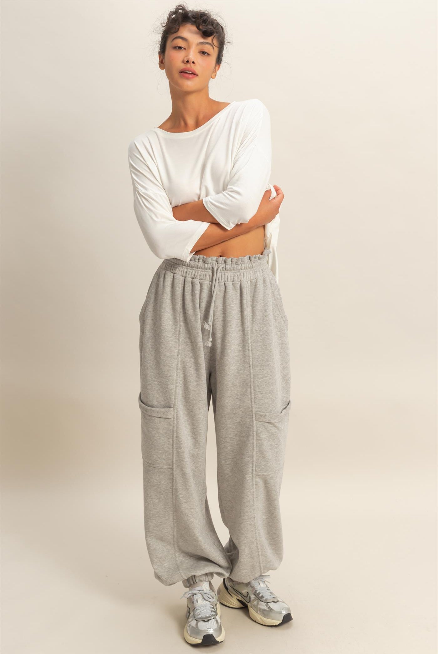 Wholesale Ruffle Waist Burnout Jogger Pants Joggers DZ26A685 HEATHER GRAY DOUBLE ZERO