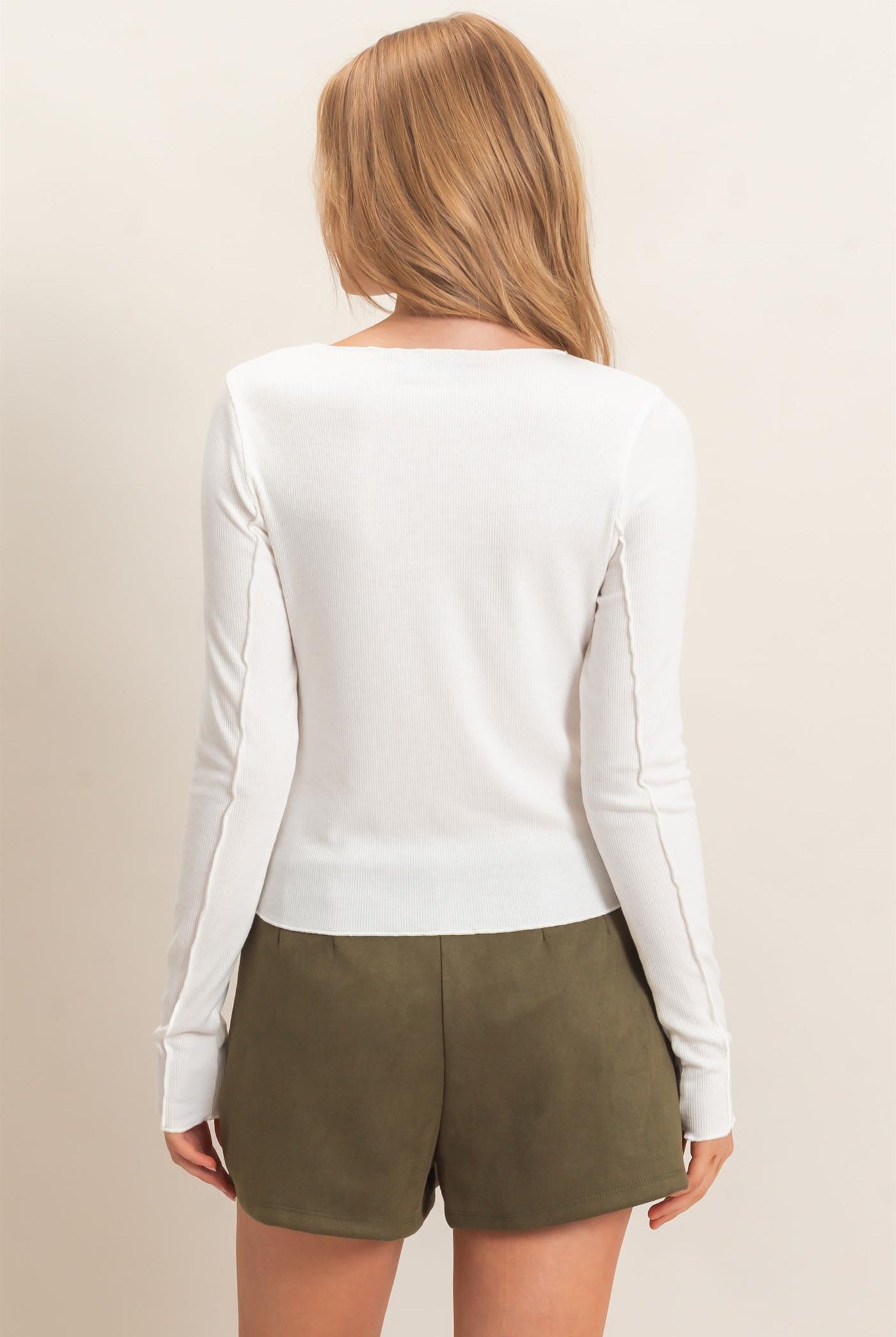 Wholesale Ruffled Ribbed Long Sleeve Top Clothing Tops HF26F085 OFF WHITE HYFVE