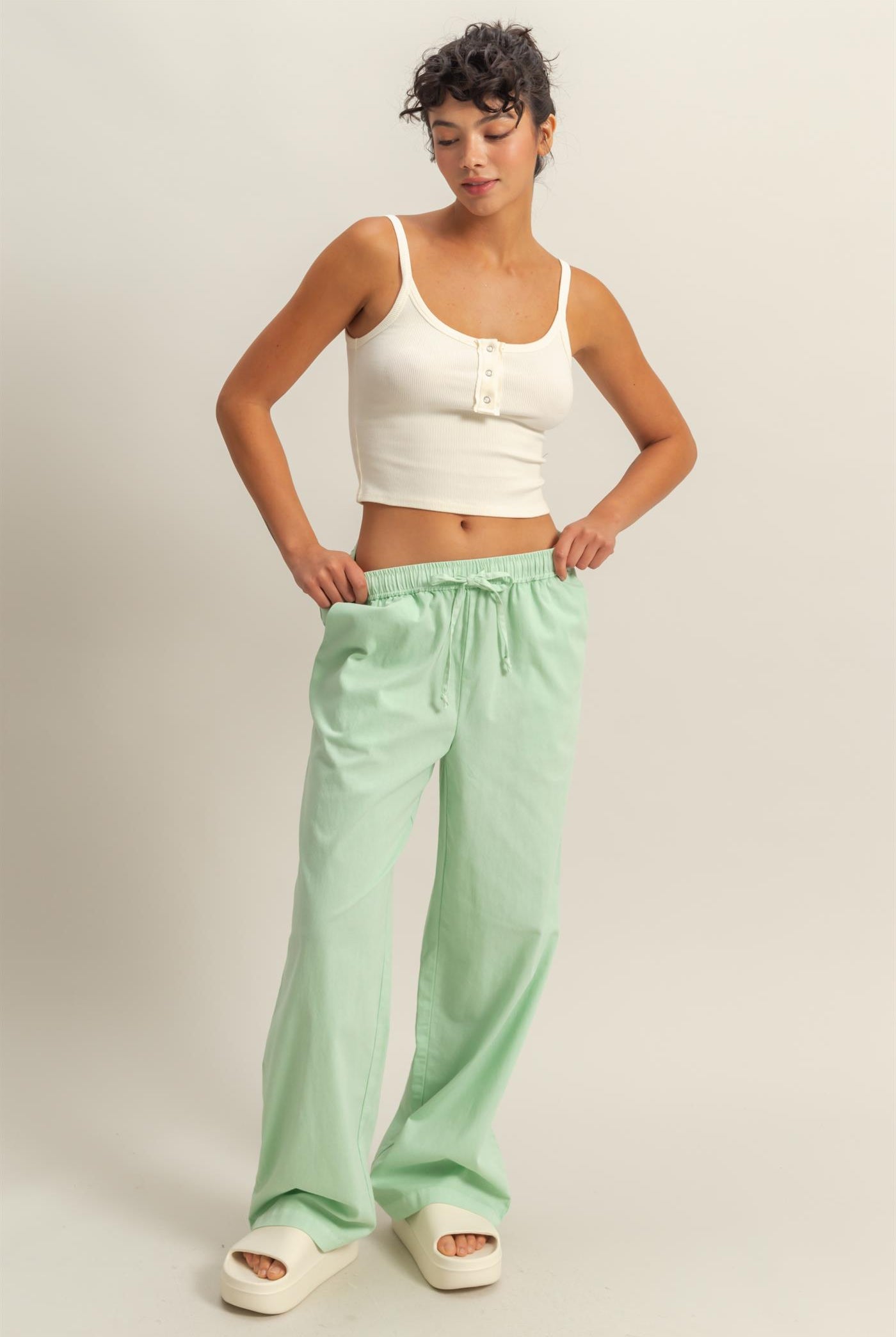 Wholesale Drawstring Waist Straight Leg Pants Pants DZ24A339 MINT DOUBLE ZERO