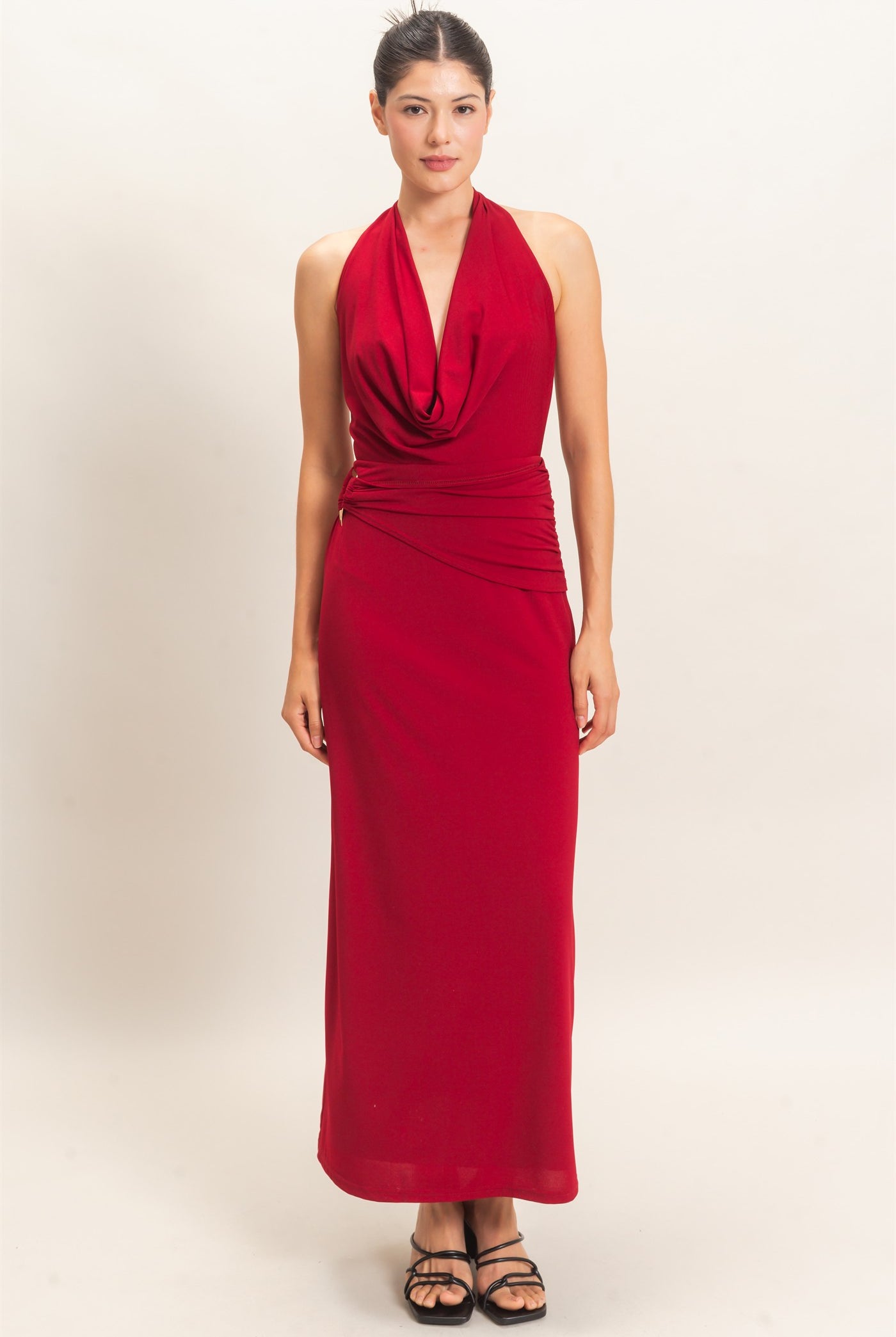 Wholesale Draped Halter Neck Dress Dresses HF26C663 DARK RED HYFVE