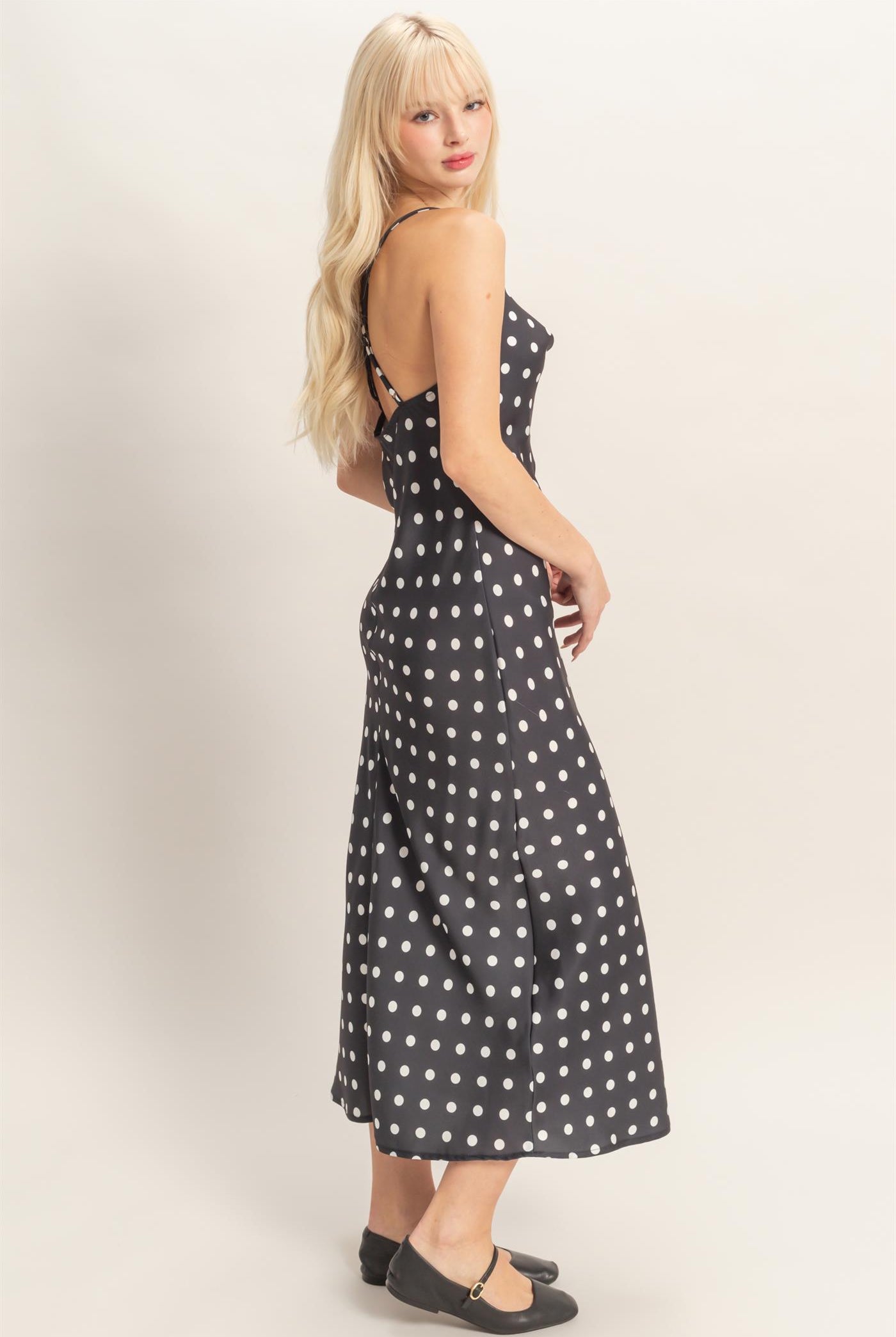 Wholesale Polka Dot Spaghetti Strap Cowl Neck Midi Dress Dresses DZ26C049 BLACK DOUBLE ZERO