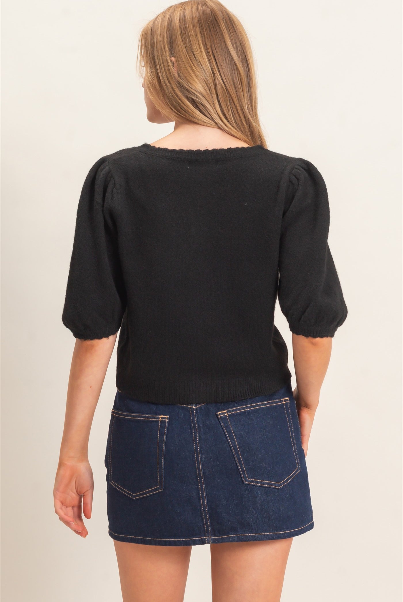 Wholesale Button-Up Puff Sleeve Sweater Cardigan Cardigans HF26E165 BLACK HYFVE