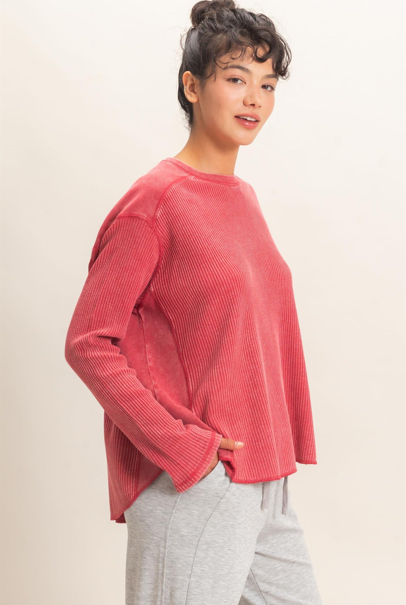 Wholesale Oversized Mineral Washed Waffle Knit Top Clothing Tops DZ26E654 DARK RED DOUBLE ZERO