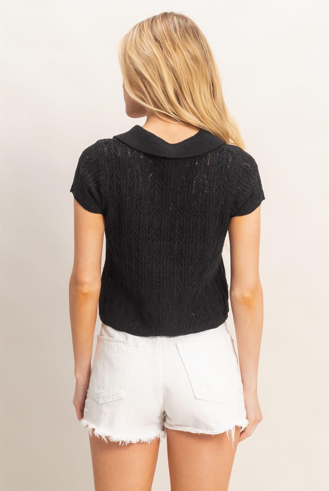 Wholesale Pointelle Knit Collared Cardigan Clothing Tops HF26A856 BLACK HYFVE