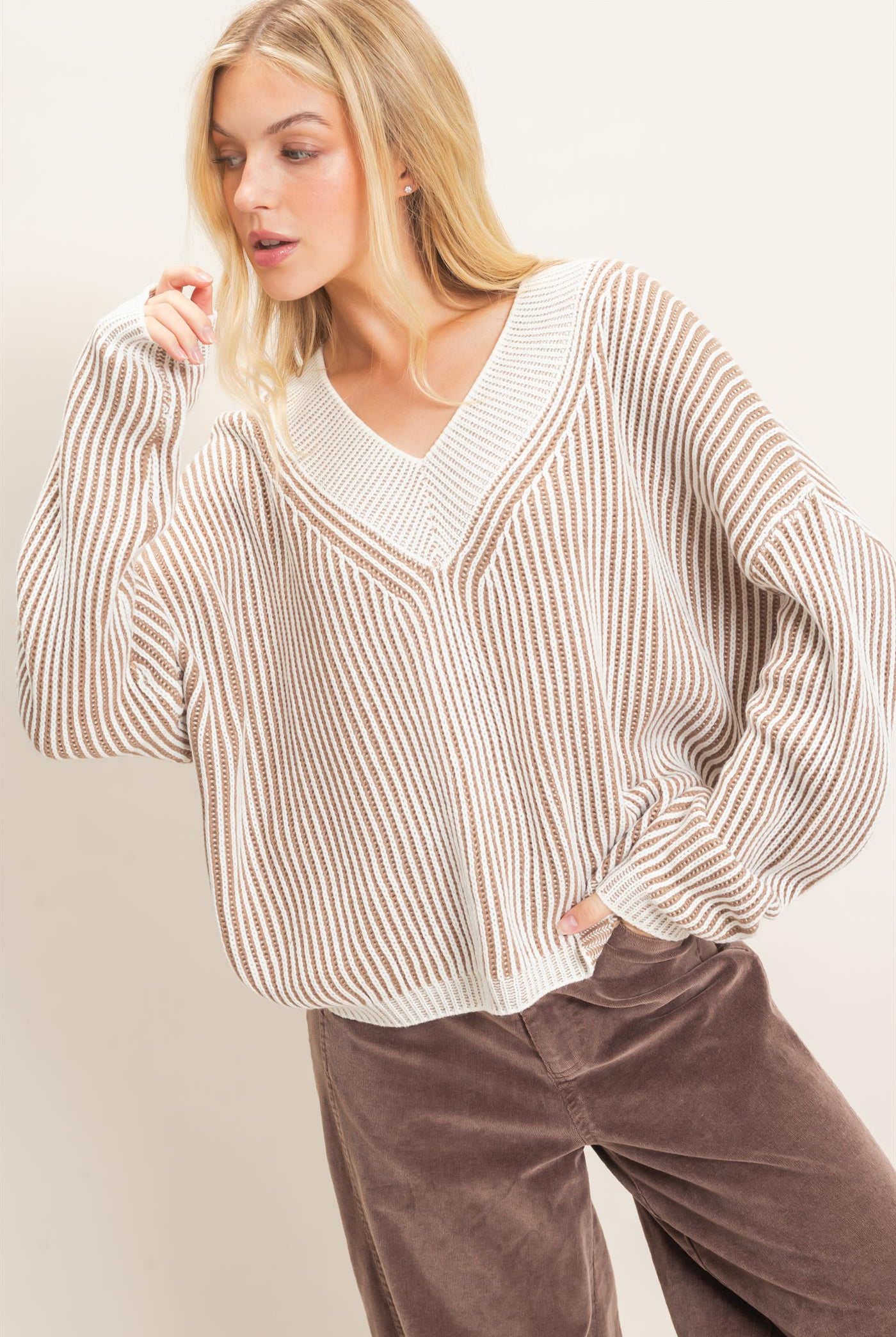 Wholesale Striped V-Neck Ribbed Sweater Sweaters HF26F202 TAUPE HYFVE