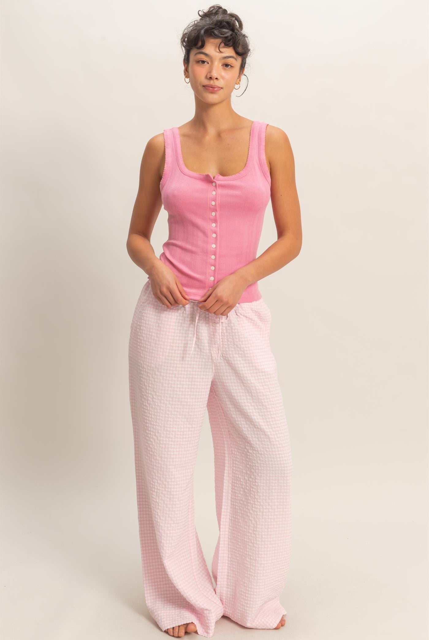 Wholesale Gingham Drawstring Wide-Leg Pants Pants DZ26C202 PINK DOUBLE ZERO