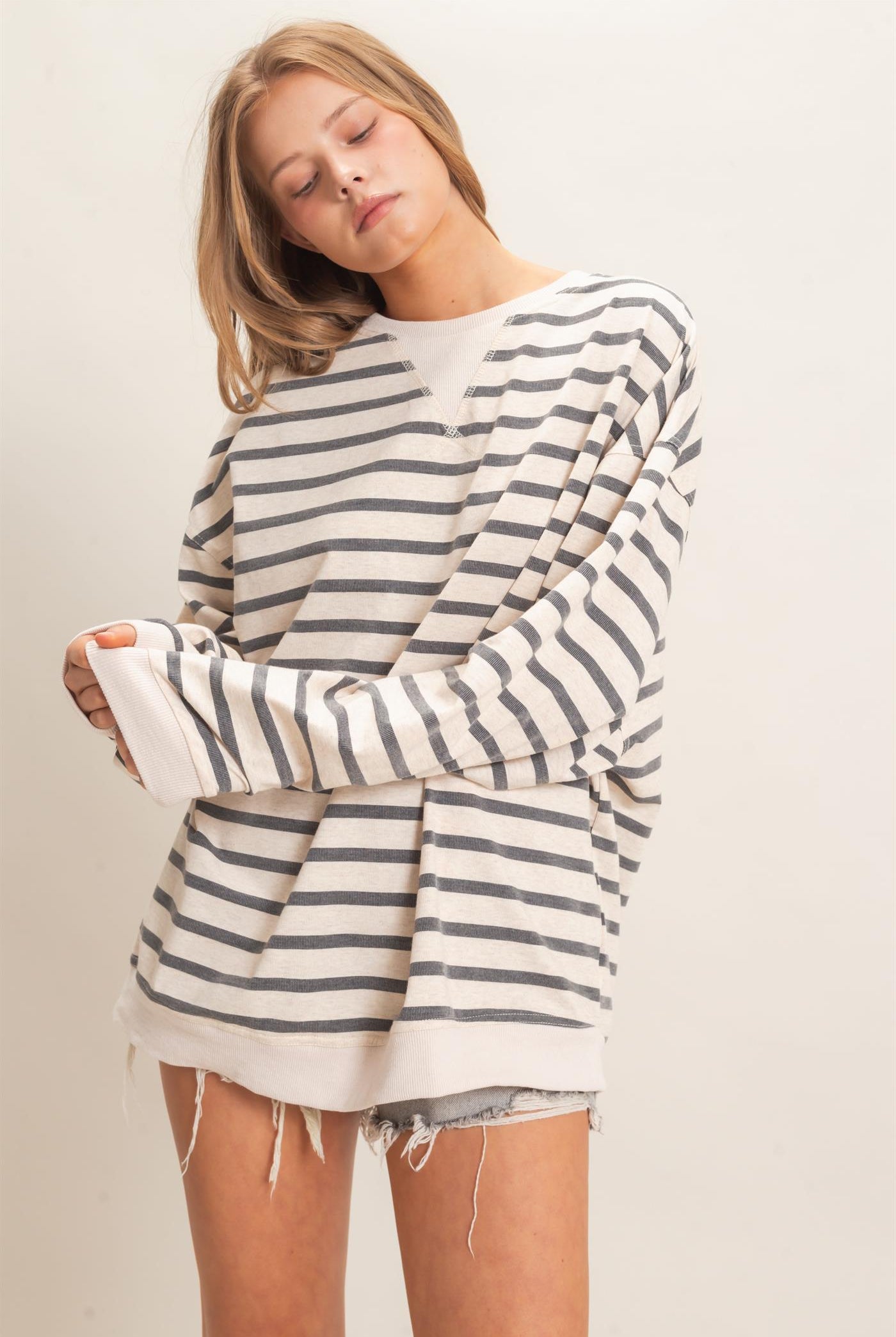 Wholesale Striped Long Sleeve Pullover Sweatshirts HF26F077 GRAY/ECRU HYFVE
