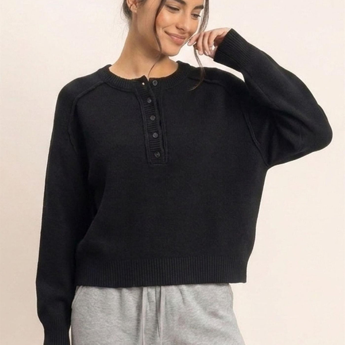 Wholesale Henley Sweater With Reverse Seams Sweaters DZ26F004 BLACK DOUBLE ZERO