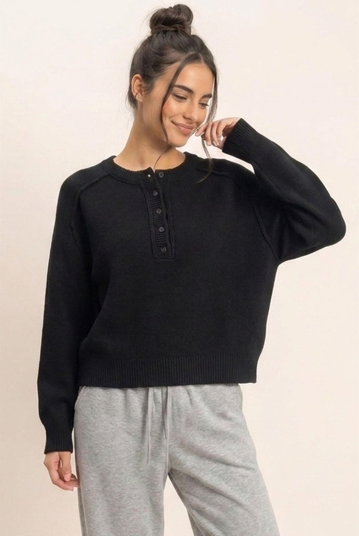 Wholesale Henley Sweater With Reverse Seams Sweaters DZ26F004 BLACK DOUBLE ZERO