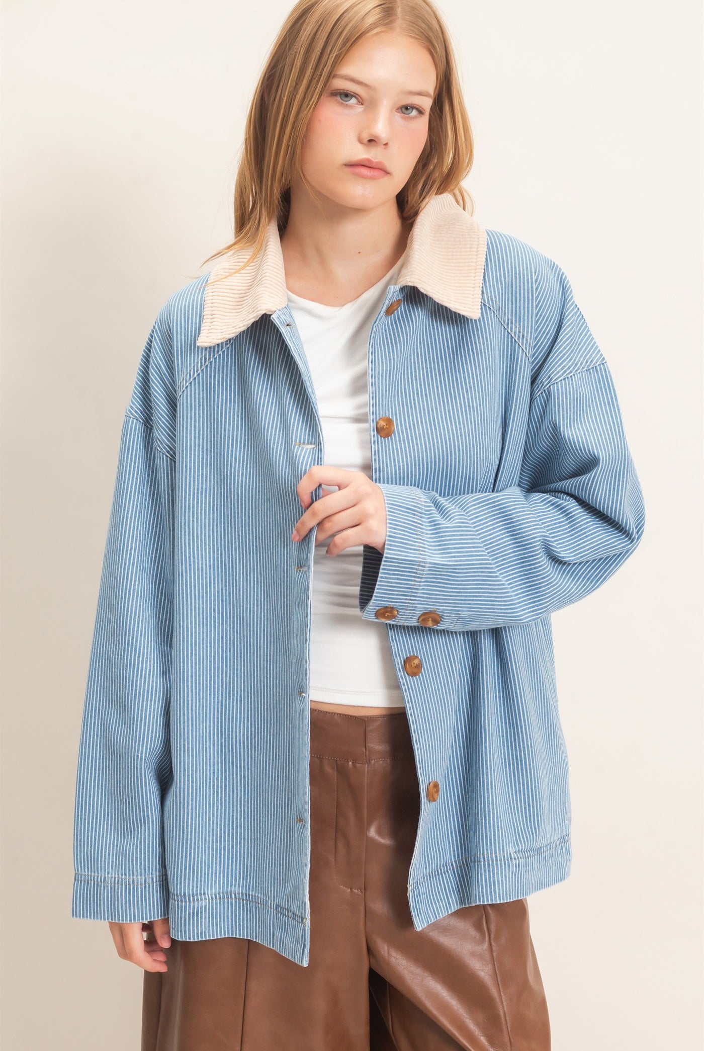 Wholesale Pinstripe Denim Jacket Coats & Jackets HF26C006 LIGHT DENIM HYFVE