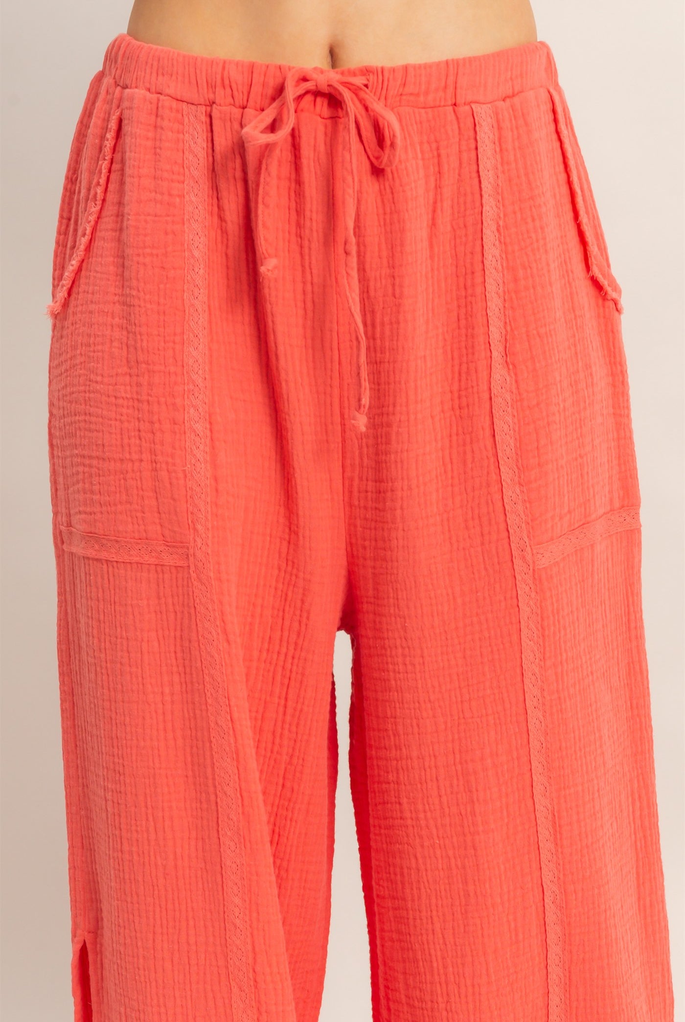 Wholesale Gauze Drawstring Jogger Pants Joggers HF26A822 RED ORANGE HYFVE