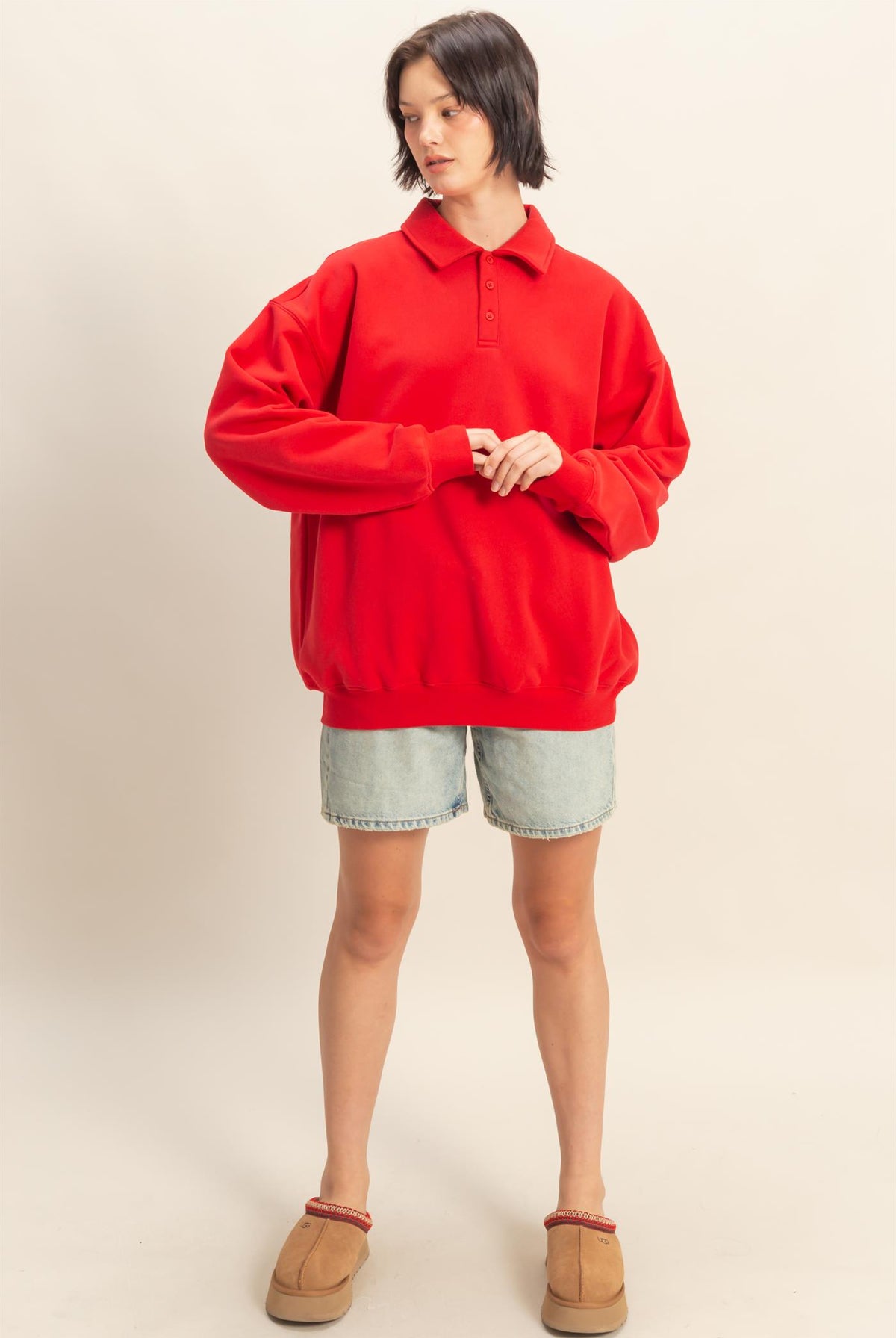 Wholesale Oversized Polo Collared Pullover Sweatshirts DZ25F074 RED DOUBLE ZERO