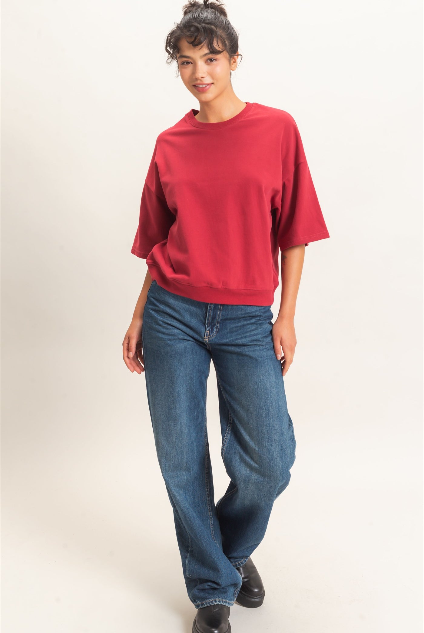 Wholesale Washed Crew Neck Short Sleeve Top Clothing Tops DZ26E381 DARK RED DOUBLE ZERO
